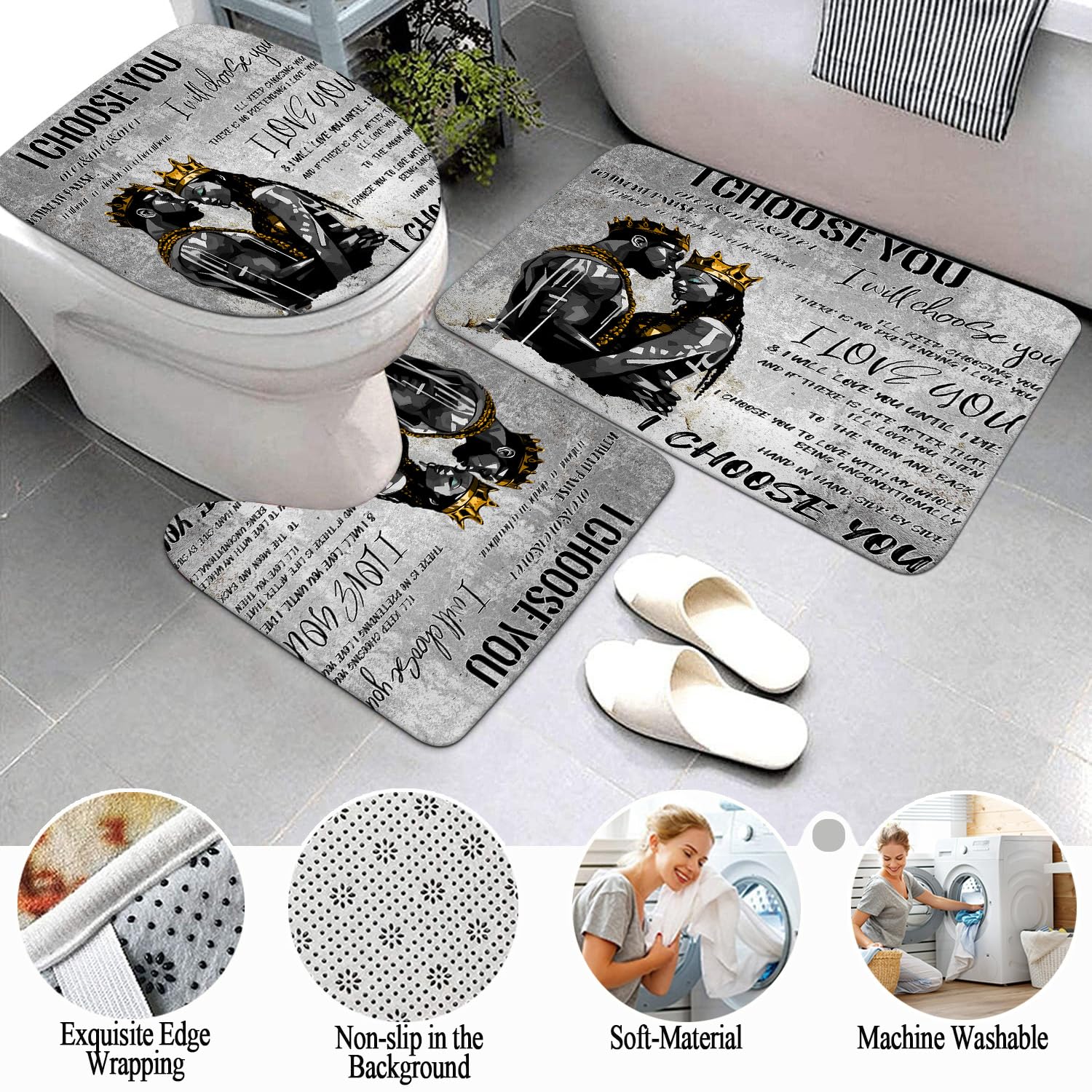 Omebero Romantic Black Couples Bathroom Sets With Shower Curtain And Rugs Toilet Lid Cover Bath Mat, Full In Love Black Man Wome