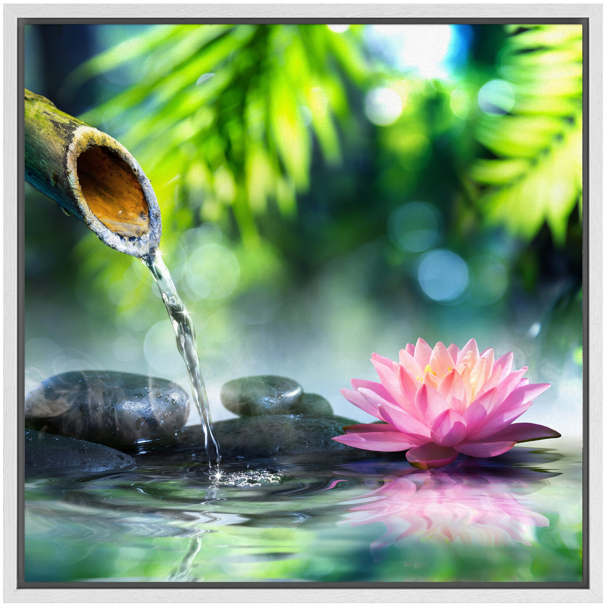 Wall26 Framed Canvas Print Wall Art Zen Garden With Bamboo And Pink Water Lily Floral Nature Digital Art Modern Art Rustic Sceni