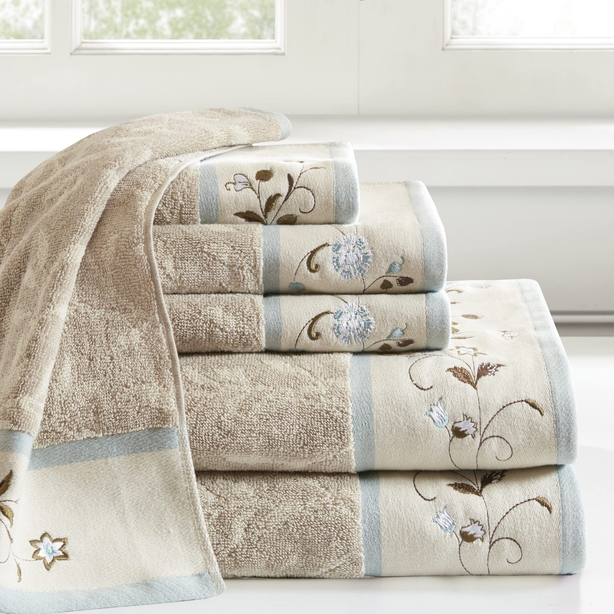 Madison Park Serene 100% Cotton Bath Towel Set Luxurious Floral Decorative Towels For Bathroom Embroidered Cotton Jacquard Desig