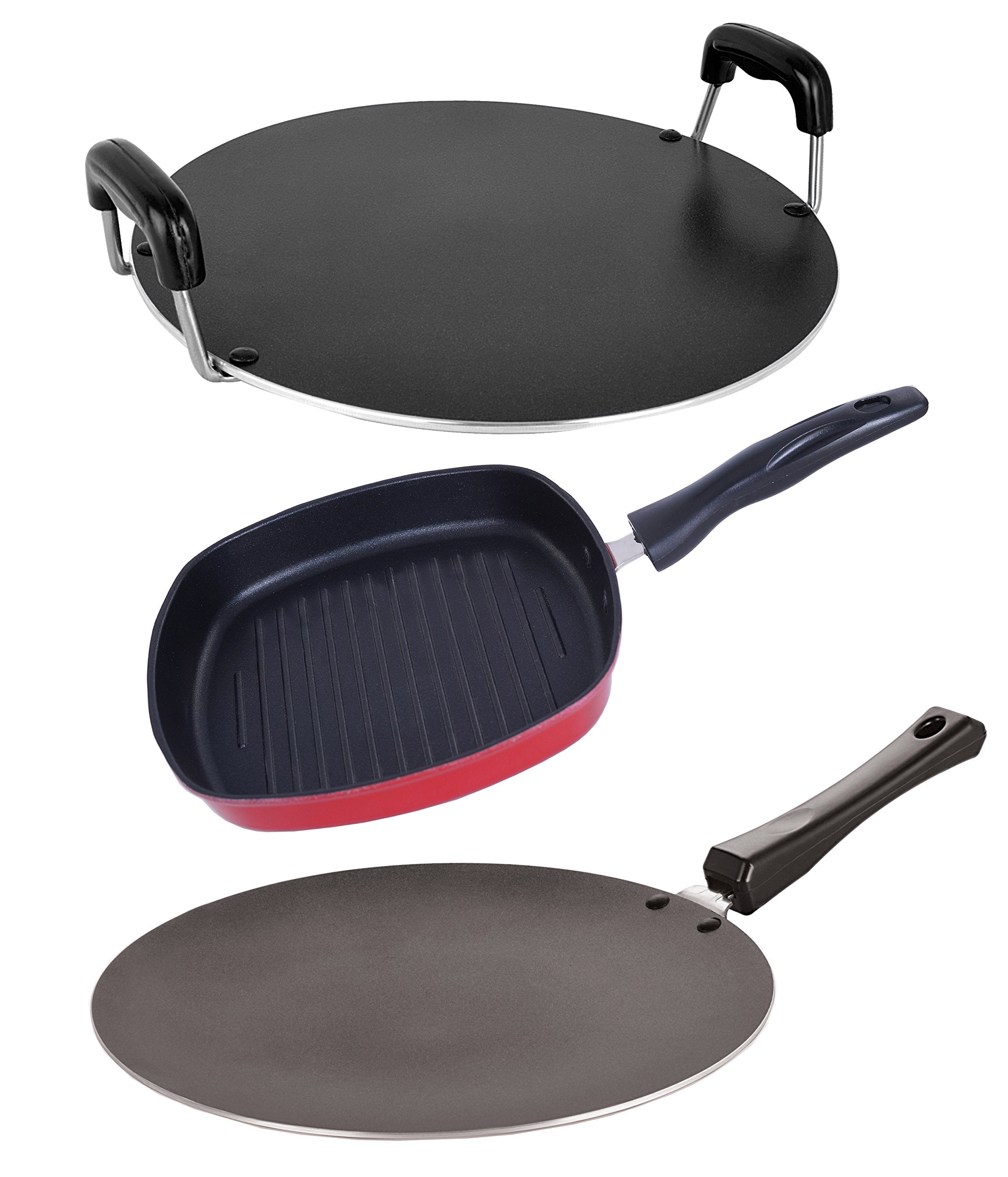 Nirlon NonStick Flat Base Aluminium 3 Piece Tawa And Grill Pan Combo Kitchenware Set, 2.6Mm_Ct12_Gp(24)_Rt