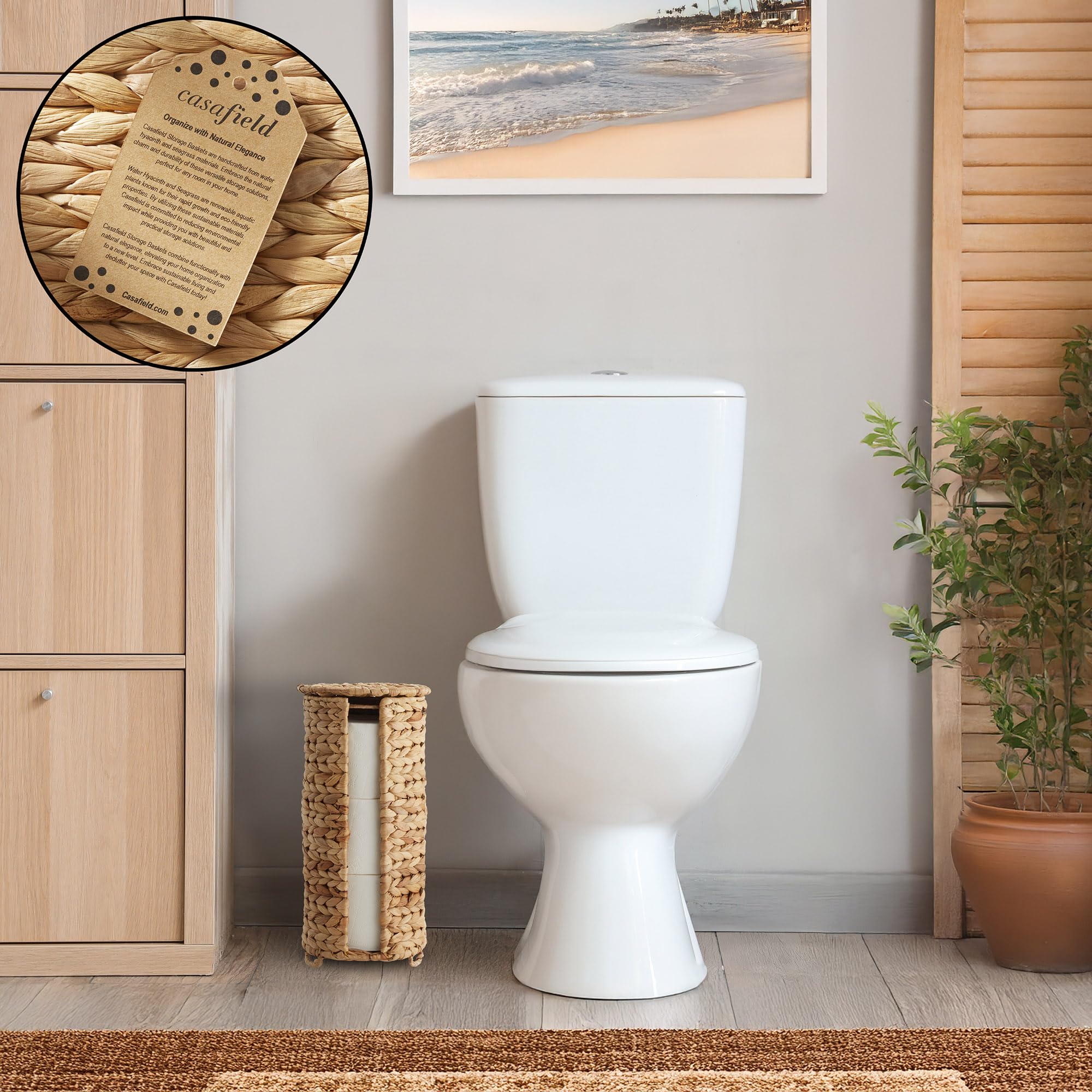 Casafield Free Standing Toilet Paper Storage Roll Holder with Lid - Natural, Fits 3 Rolls, Water Hyacinth Bath Tissue Organizer