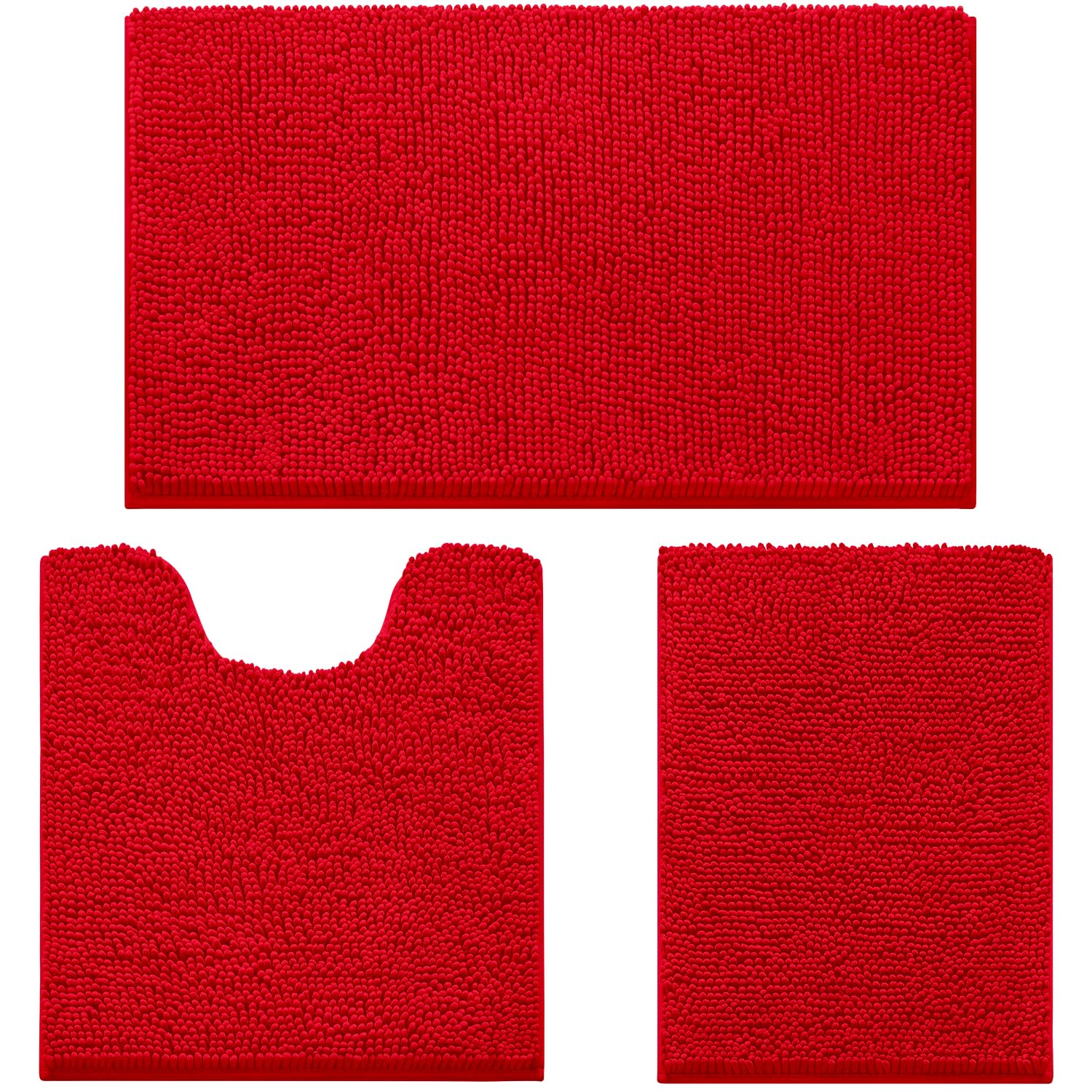 HOMEIDEAS 3 Pieces Bathroom Rugs  Ultra Soft Non Slip Absorbent Chenille Toilet Bath Mat Set (Red)