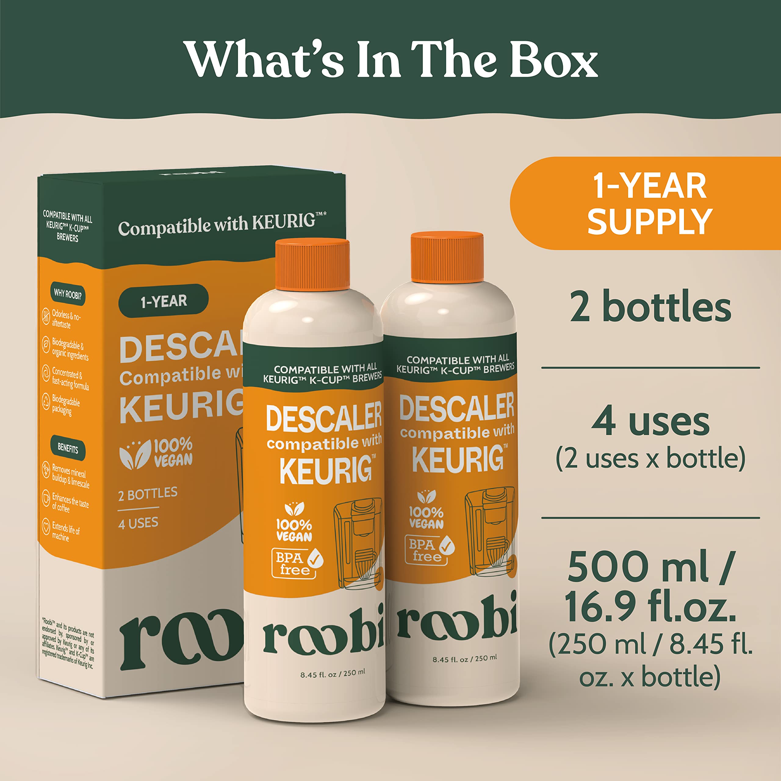 Roobi Keurig Compatible Descaling Solution & Cleaner. Specially Formulated For Keurig Descaling & Cleaning. 2 Uses Per Bottle, 2
