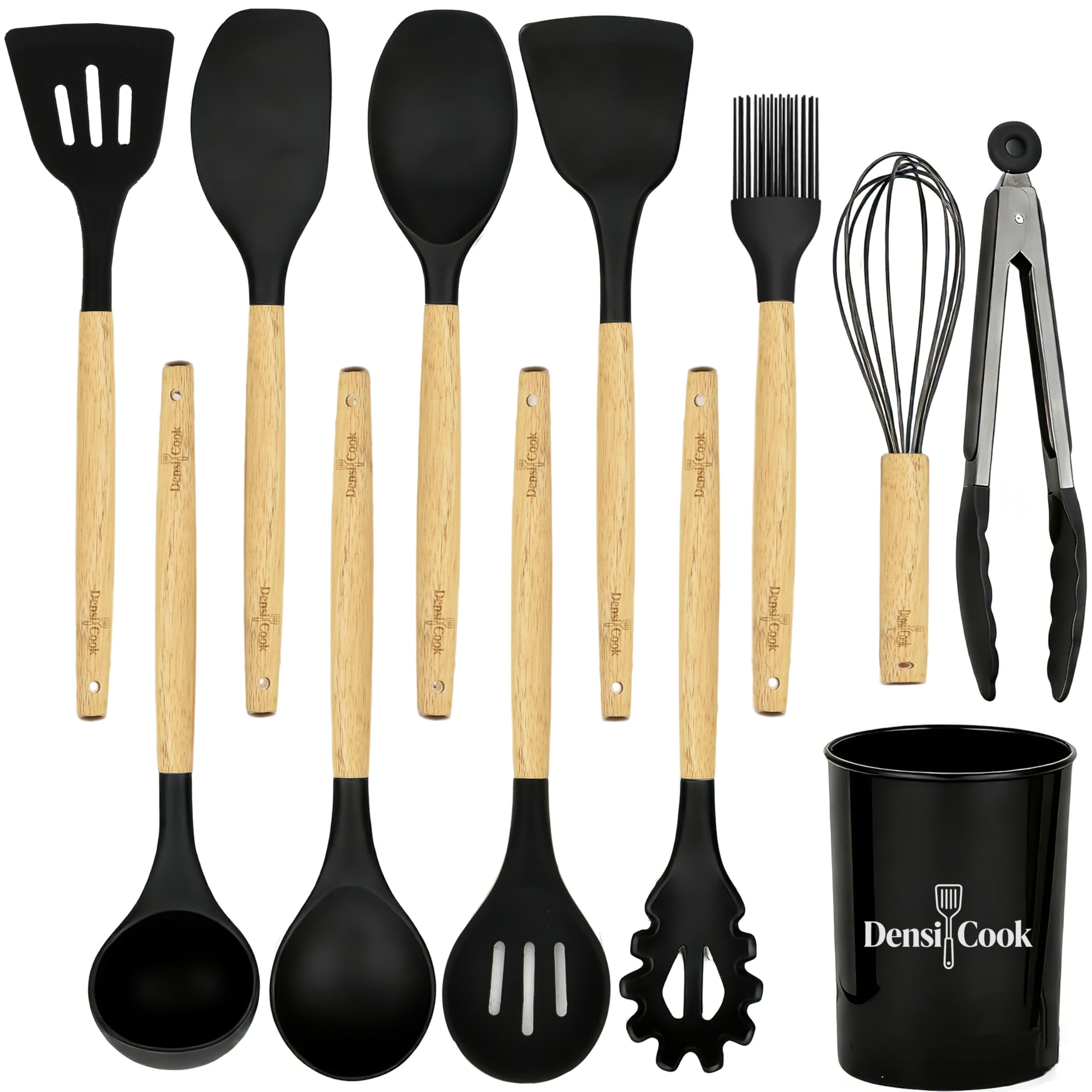 Densi Cook Silicone Utensils Set for Cooking  12 Piece Set&BPA Free(Black)
