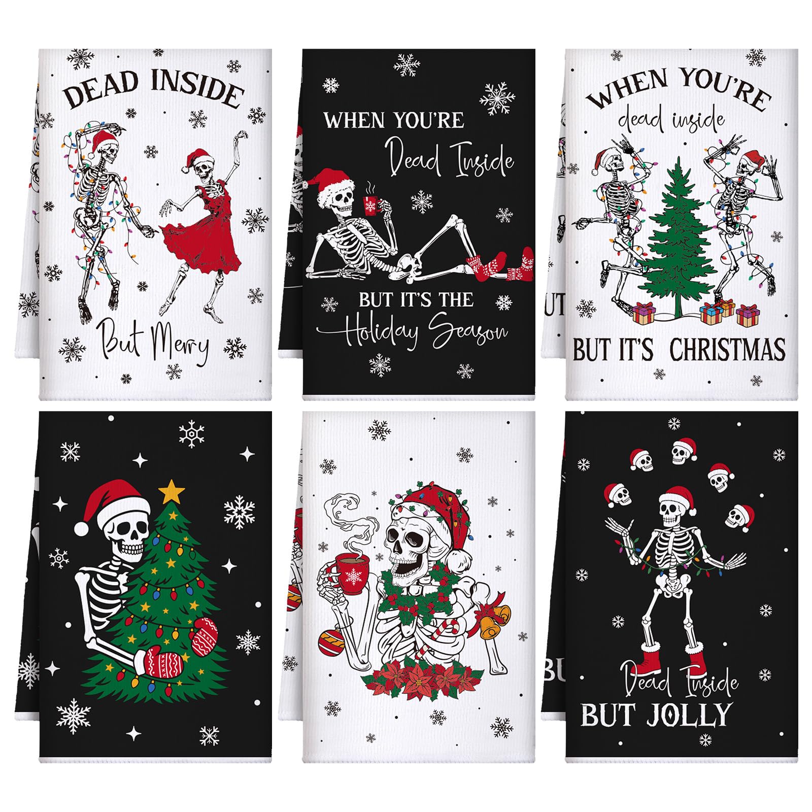 Bencailor 6 Pcs Christmas Skull Kitchen Towels Gothic Spooky Christmas Dish Hand Towels Funny Skeleton Xmas Tree Tea Washcloth f