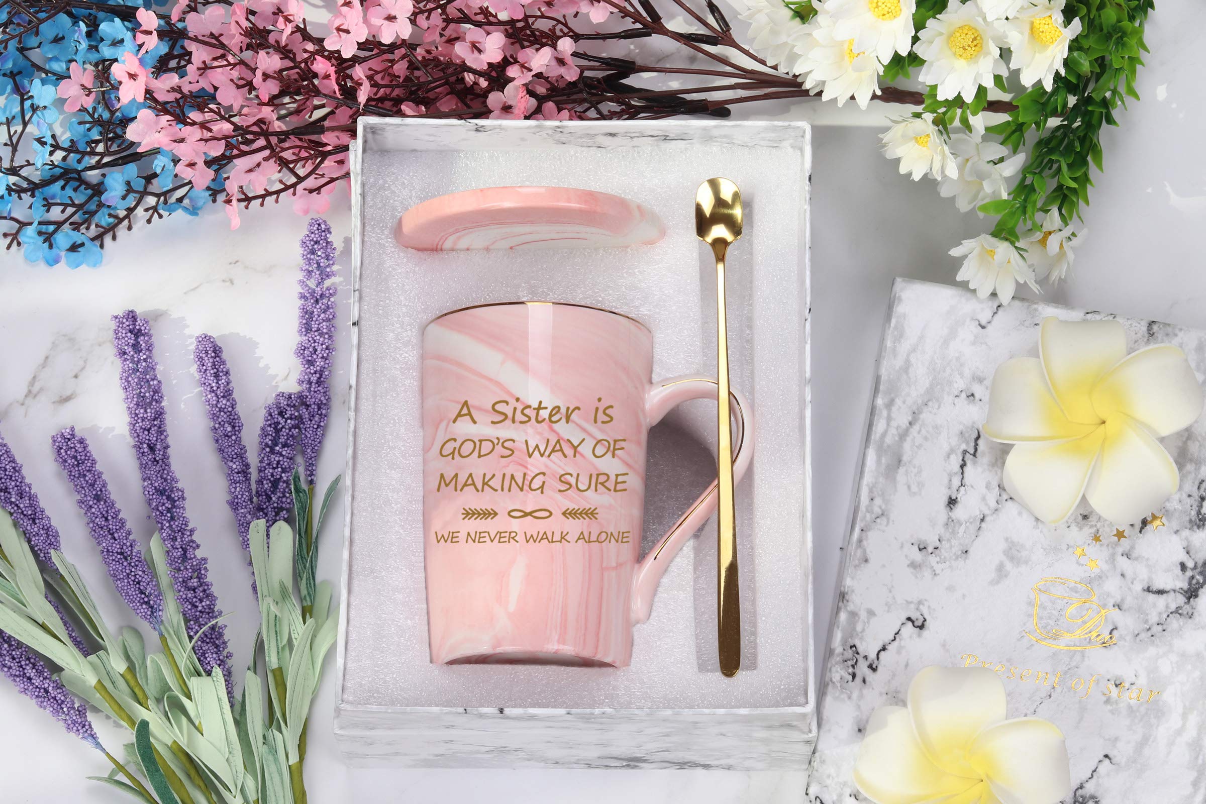 Pink Coffee Mug with Box Spoon Coaster A Sister Is Gods Way of Making Sure We Never Walk Alone Coffee Cup Birthday Gifts for Sister In Law from Sister Brother Sister Sis 14 Ounce