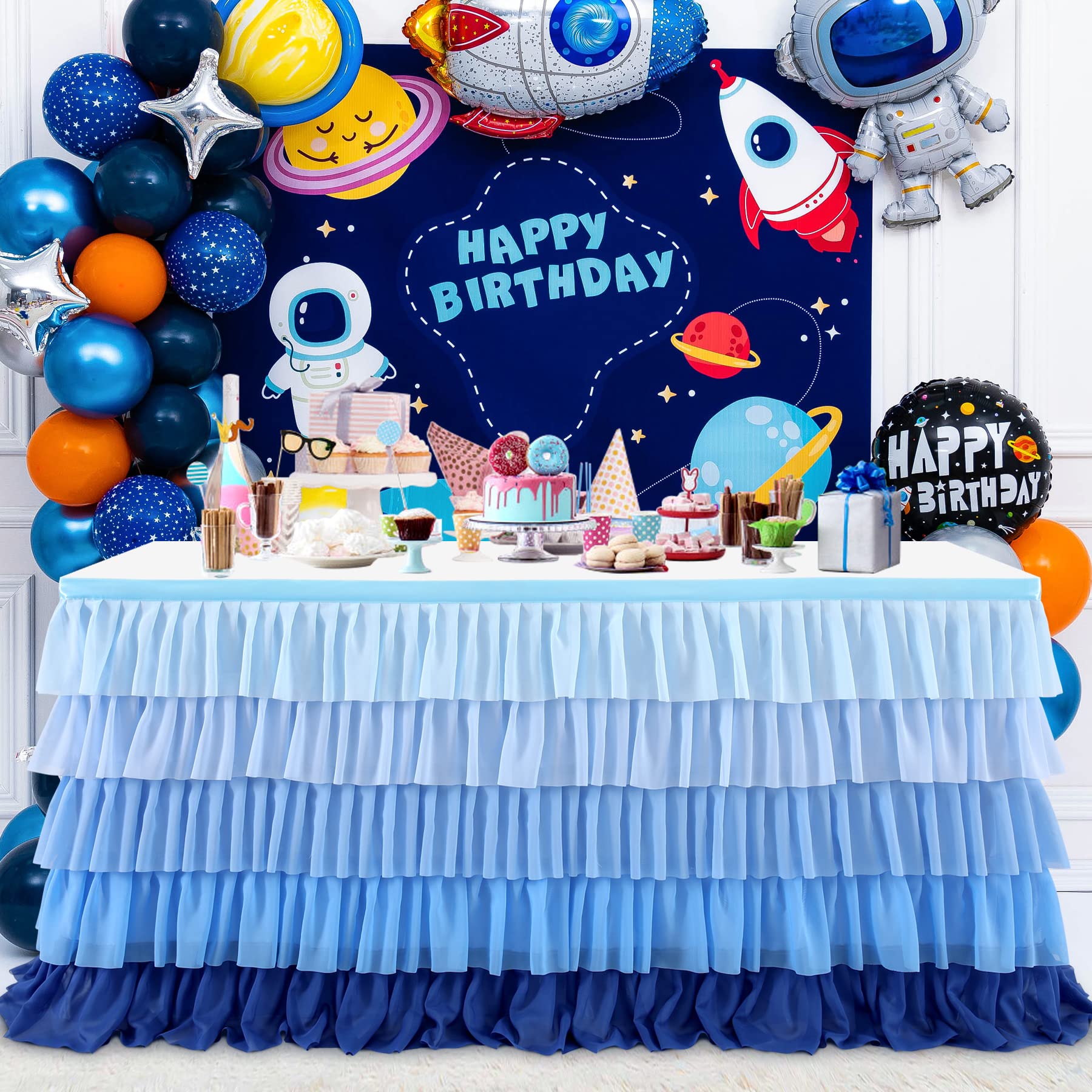 Gradient Blue Table Skirt Tutu Tablecloth For Under The Sea Party Frozen Decorations Gender Reveal Birthday Elephant Baby Shower