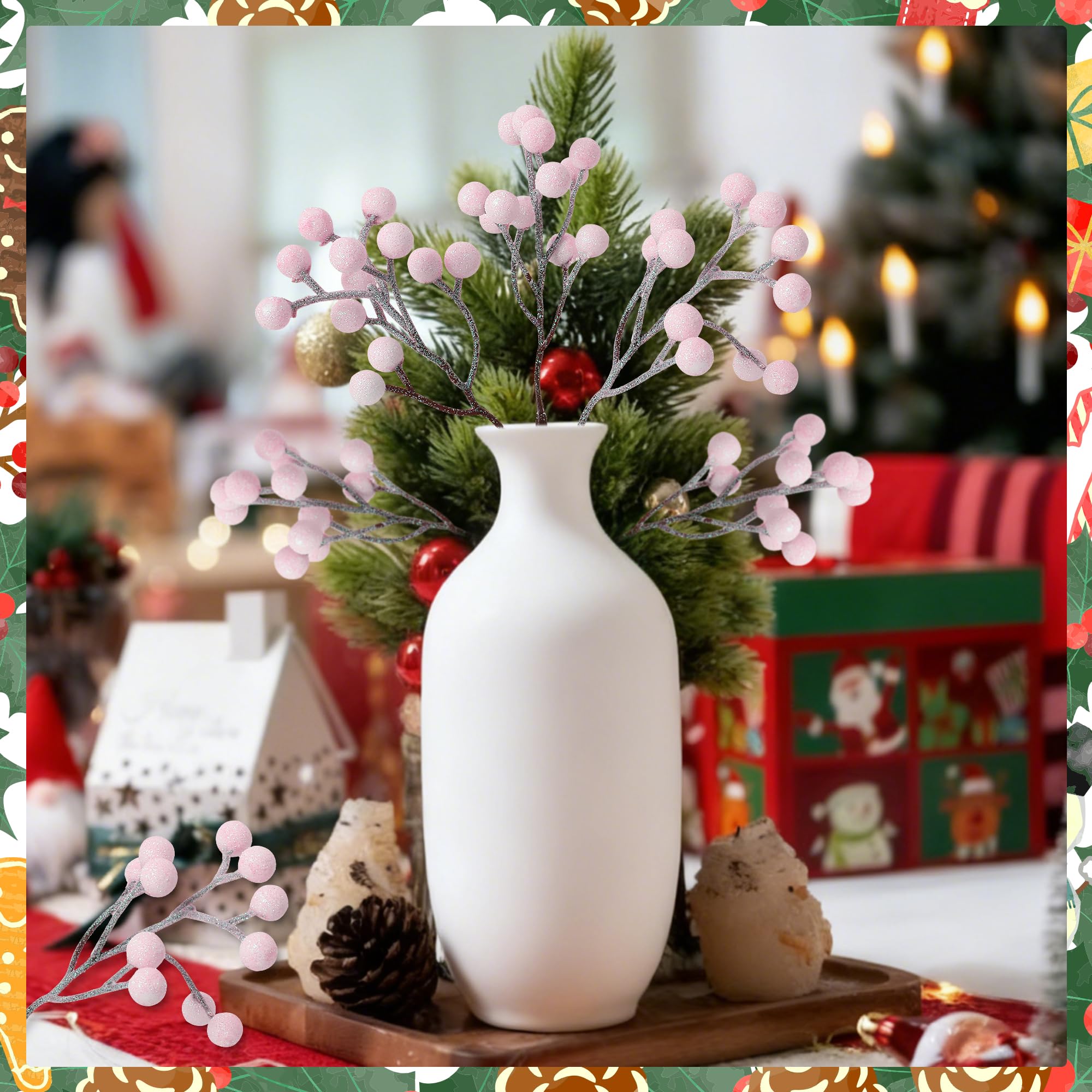 Vipay 24 PCS Berry Stems, 7.08 in Glitter Pink Christmas Tree Decor, Artificial Christmas Berry Branches Xmas Picks for Craft Fl