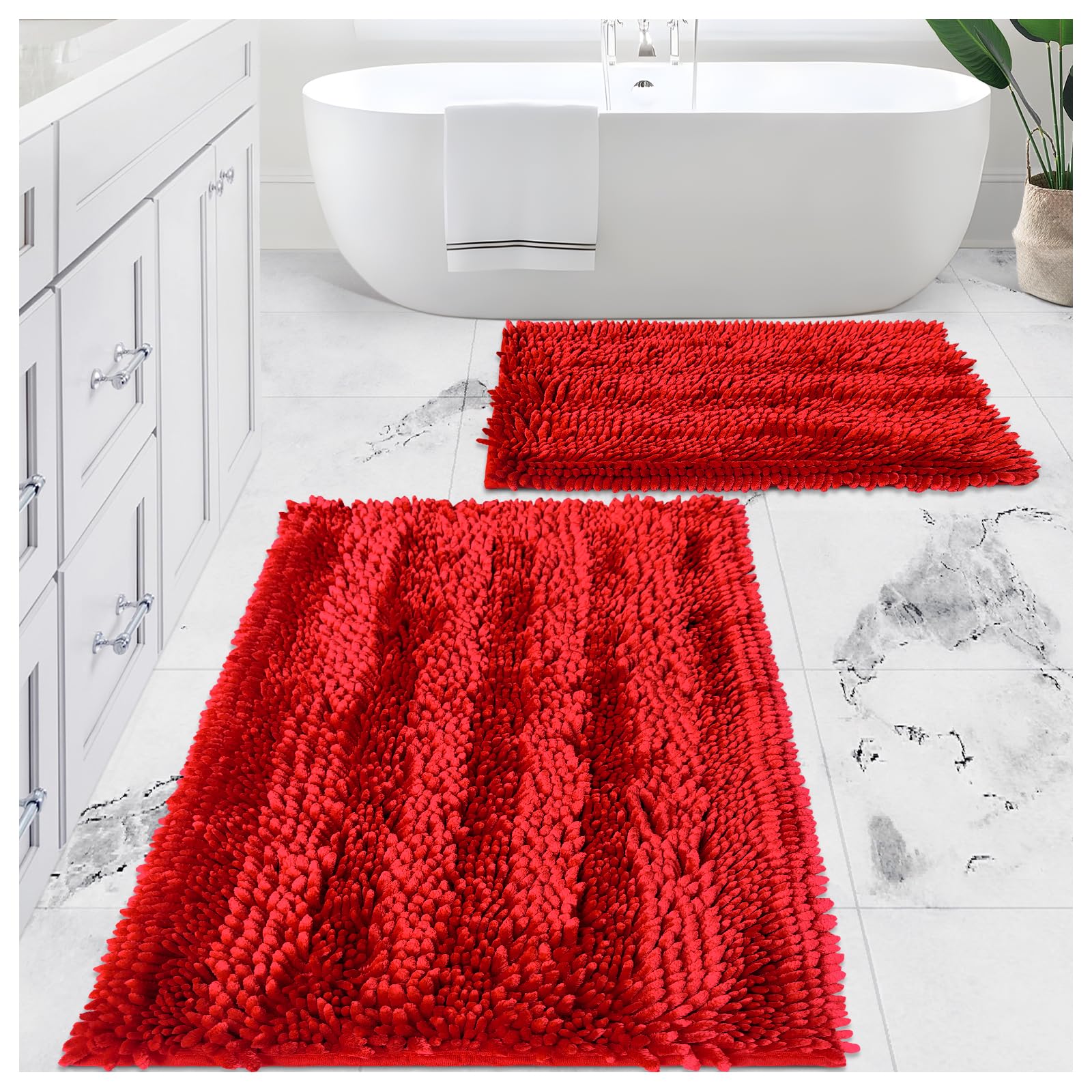 Civkor Red Bathroom Rugs Bath Mat Rug Set 2 Piece Butter Chenille  Shiny Noodle Bathroom Mats 31x20 and 24x16 Inch with Non Slip Backing  Super Water Absorbent  Machine Washable