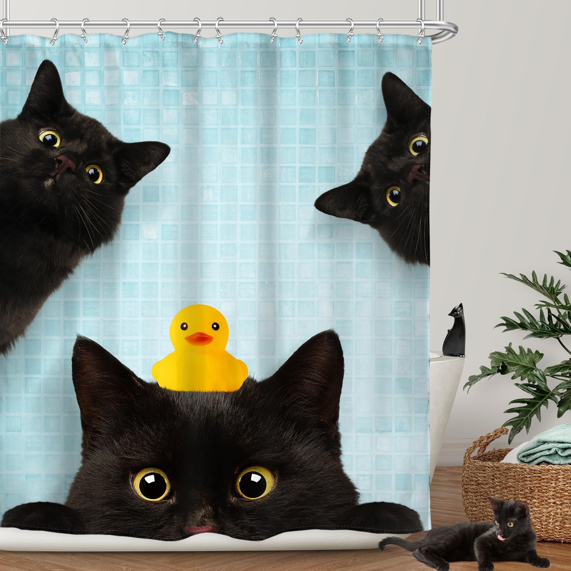 Riyidecor Funny Black Cat Shower Curtain 60Wx72H Inch Kids Cute Animal Lovely Kitten Yellow Rubber Duck Pet Lovers Modern Hilari