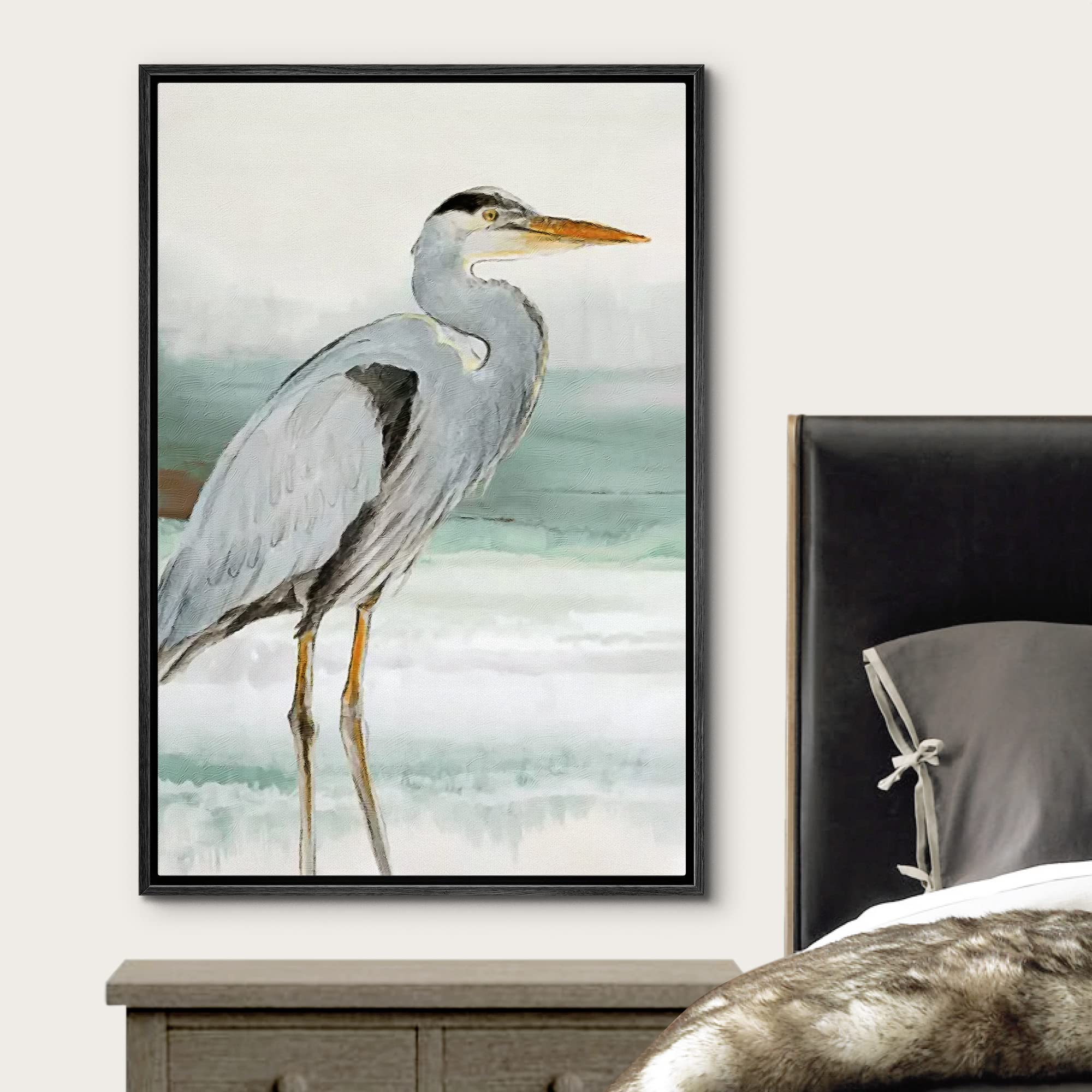 Wall26 Framed Canvas Print Wall Art Pastel Beach Wave Ocean Crane Bird Nature Wilderness Illustrations Modern Art Decorative Rus
