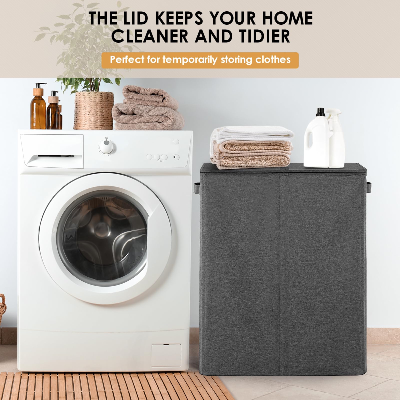 Double Laundry Hamper With Lid, 135L Dirty Clothes Hamper With Removable Bags & Labels, Laundry Basket 2 Section For Separating,