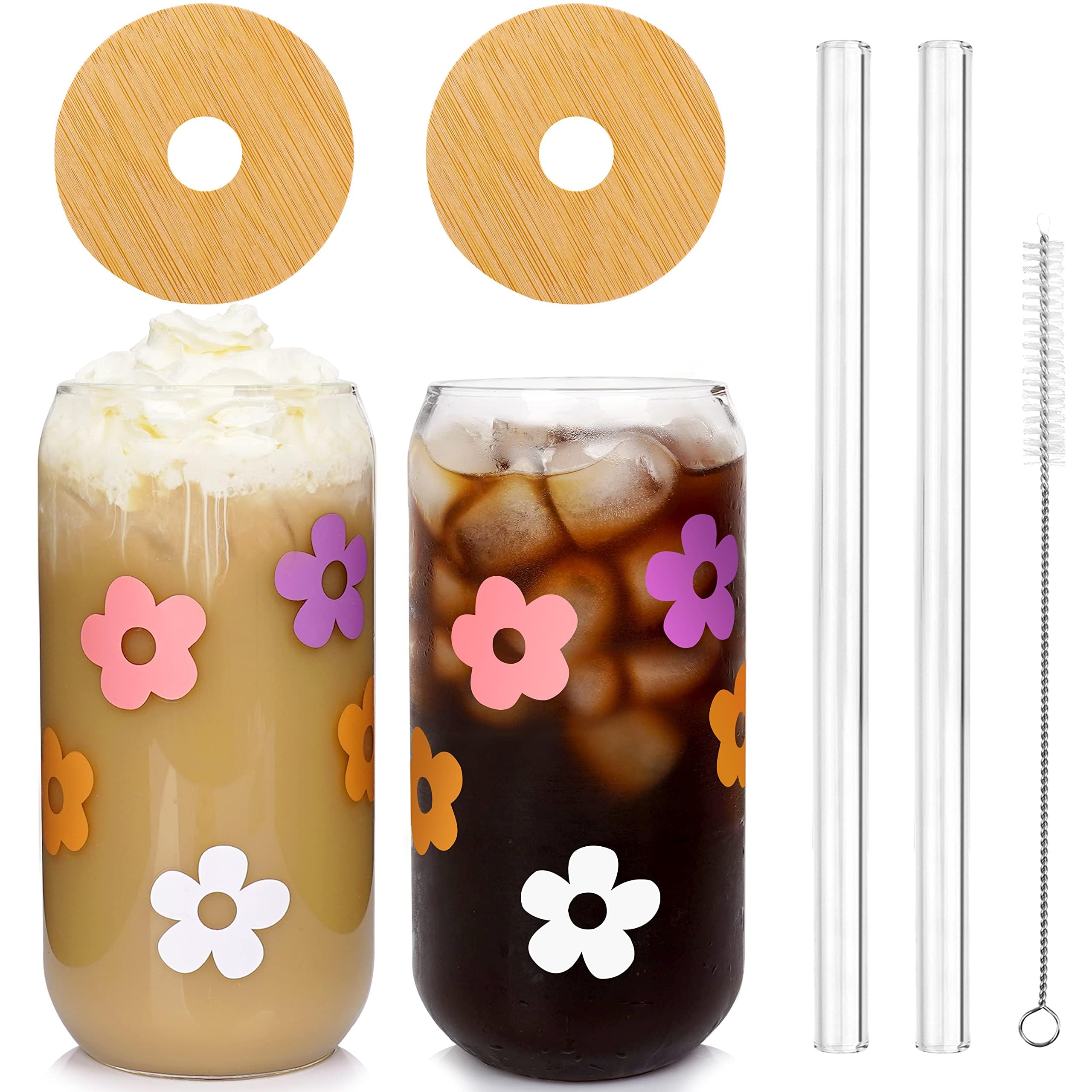 Mason Life Cute Glass Cups With Lids And Straws, Valentine 'S Day Gift For Women, 18Oz Aesthetic Cups Iced Coffee Cups, Flower C