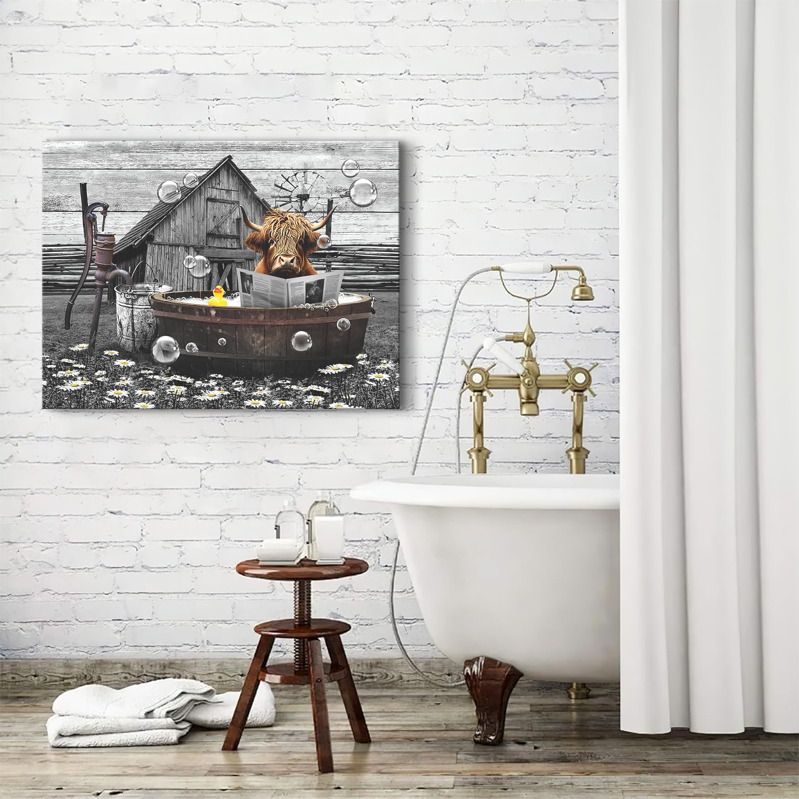 Farmhouse Bathroom Decor Wall Art Highland Cow In Bathtub Reading Newspaper Pictures Rustic Bathroom Funny Cattle Painting For B