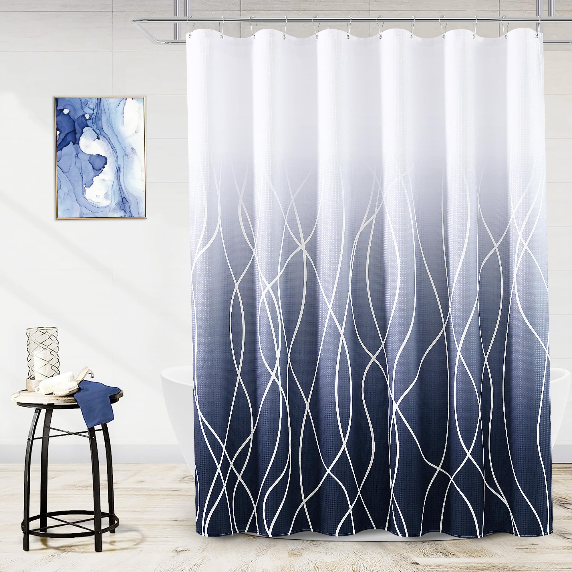 Naturoom Navy Blue Shower Curtain And Liner Ombre Waffle Fabric Shower Curtains And Liner Set Dark Blue And White Curtain Set Wi