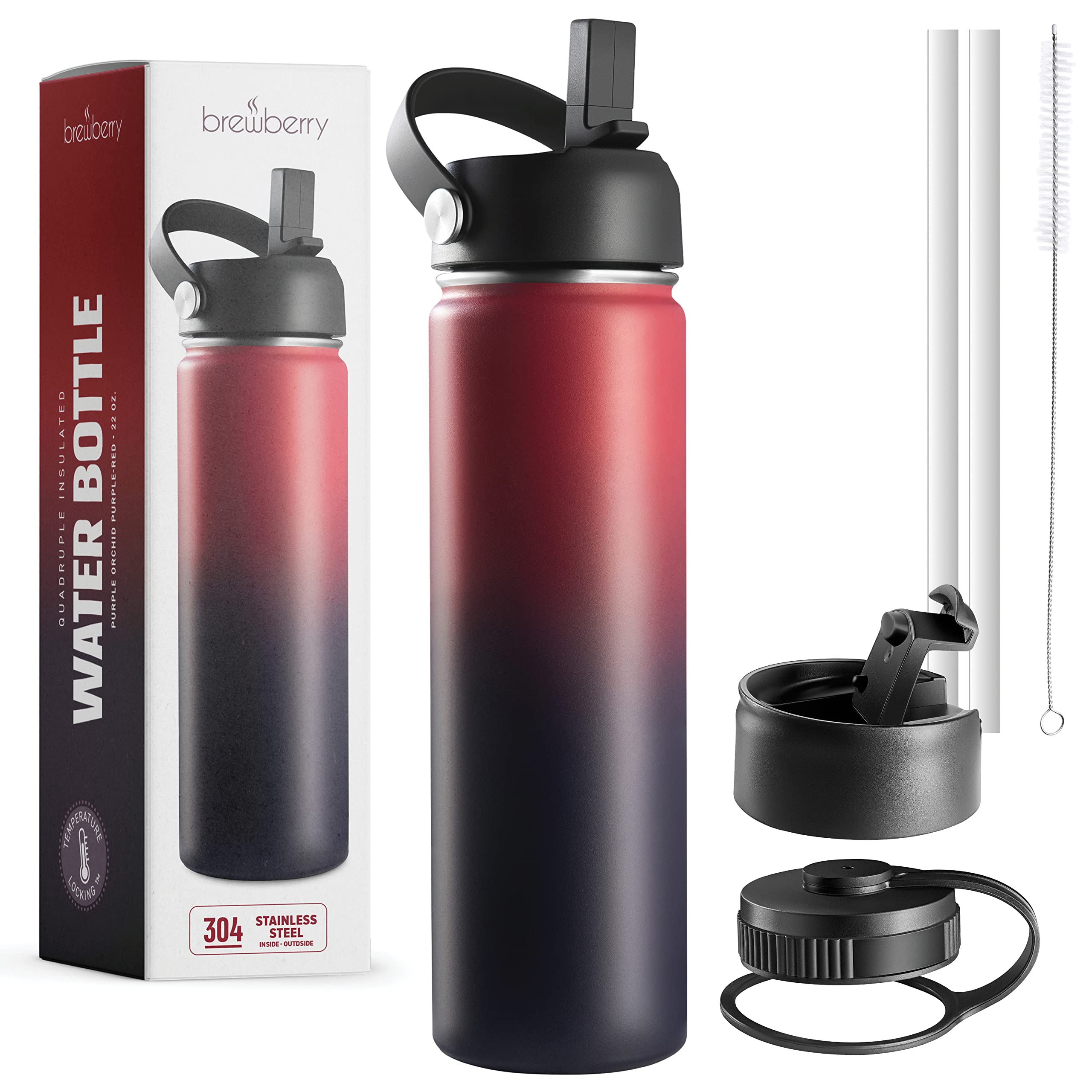 Brewberry Sports Bottle And Travel Mug For Hot And Cold Beverages, Wide Mouth, Double Wall Insulated Hydration Sports Water Bott