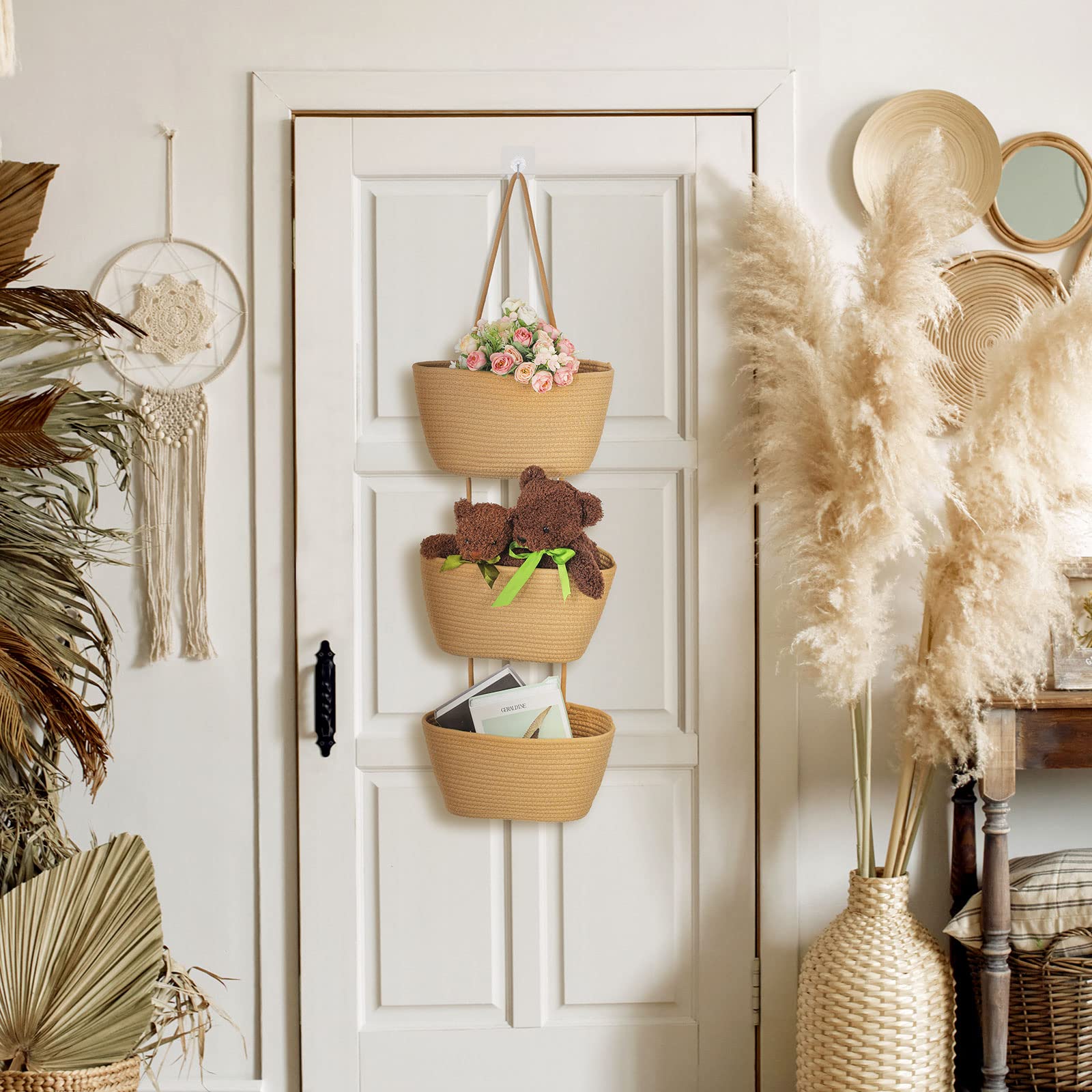 Xuhal 3 Tier Wall Basket Over The Door Organizer Boho Wall Decorative Woven Hanging Storage Basket Cotton Rope Wall Mounted Bask