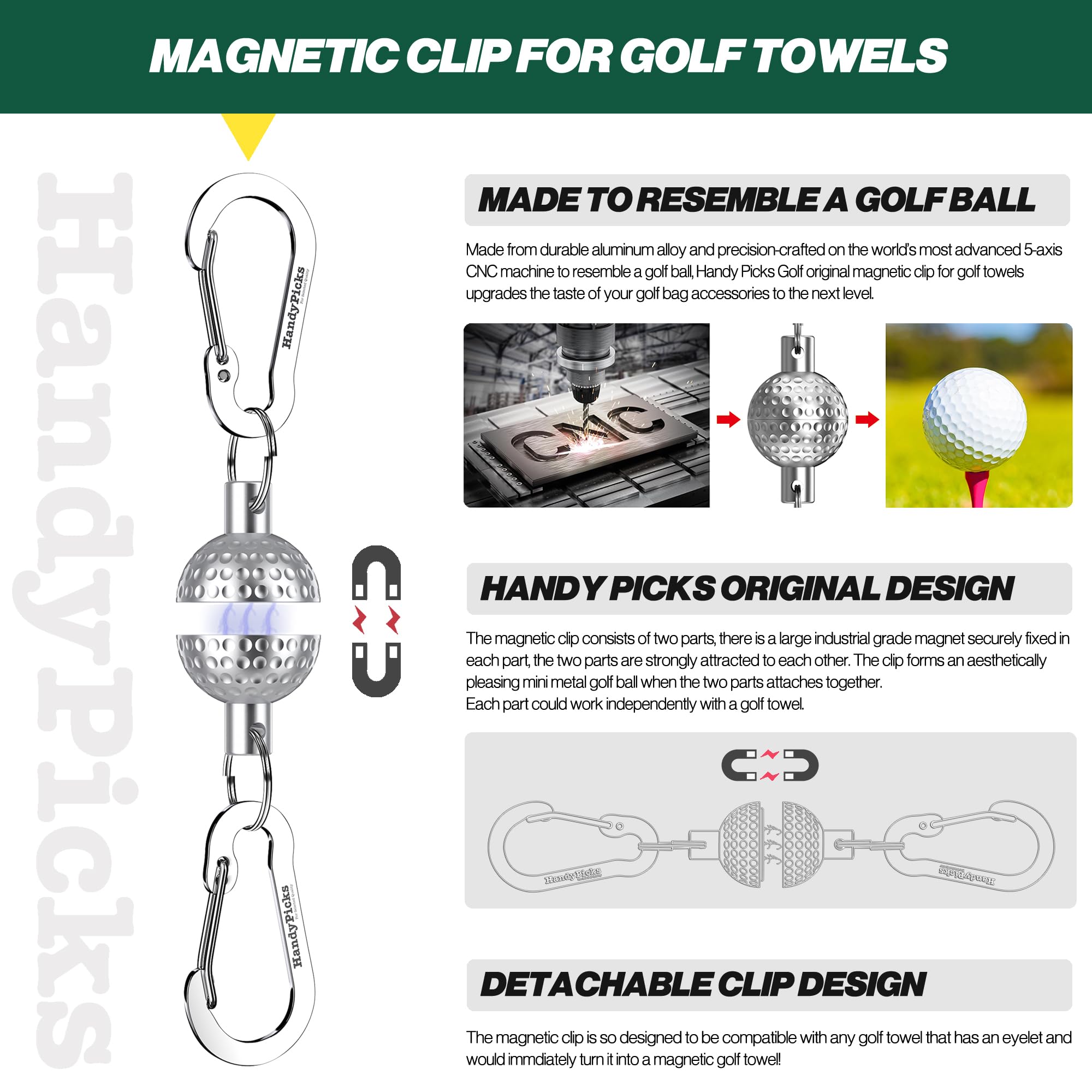 Handy Picks Magnetic Clip for Towel, Mini Metal Golf Ball Design, Removable Industrial Strength Magnet for Strong Hold to Cart a