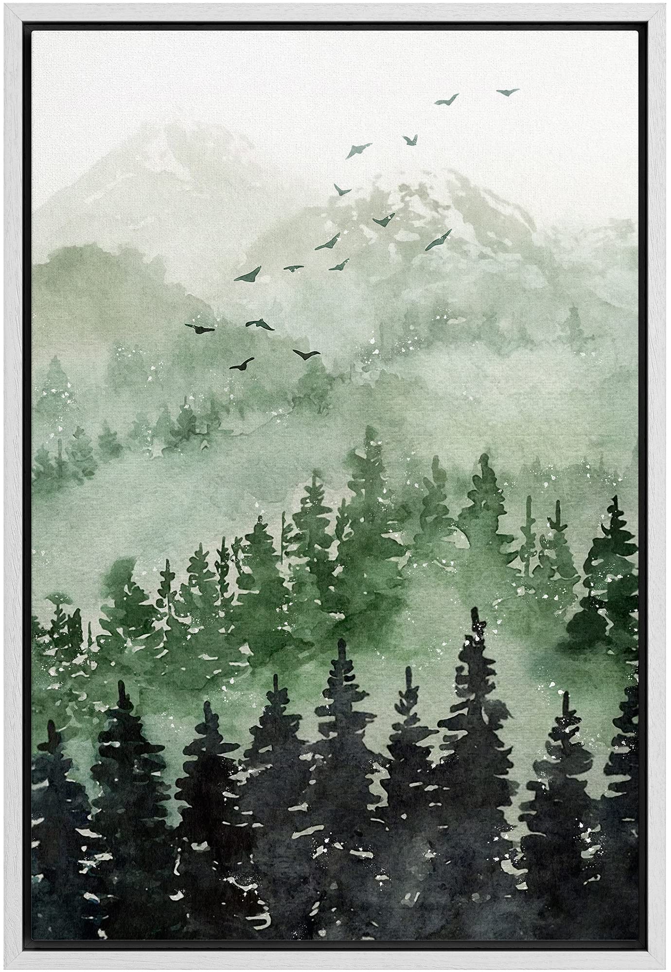 Signwin Framed Canvas Print Wall Art Woodland Nursery Decor Watercolor Pastel Green Mountain Forest Nature Modern Art Decorative