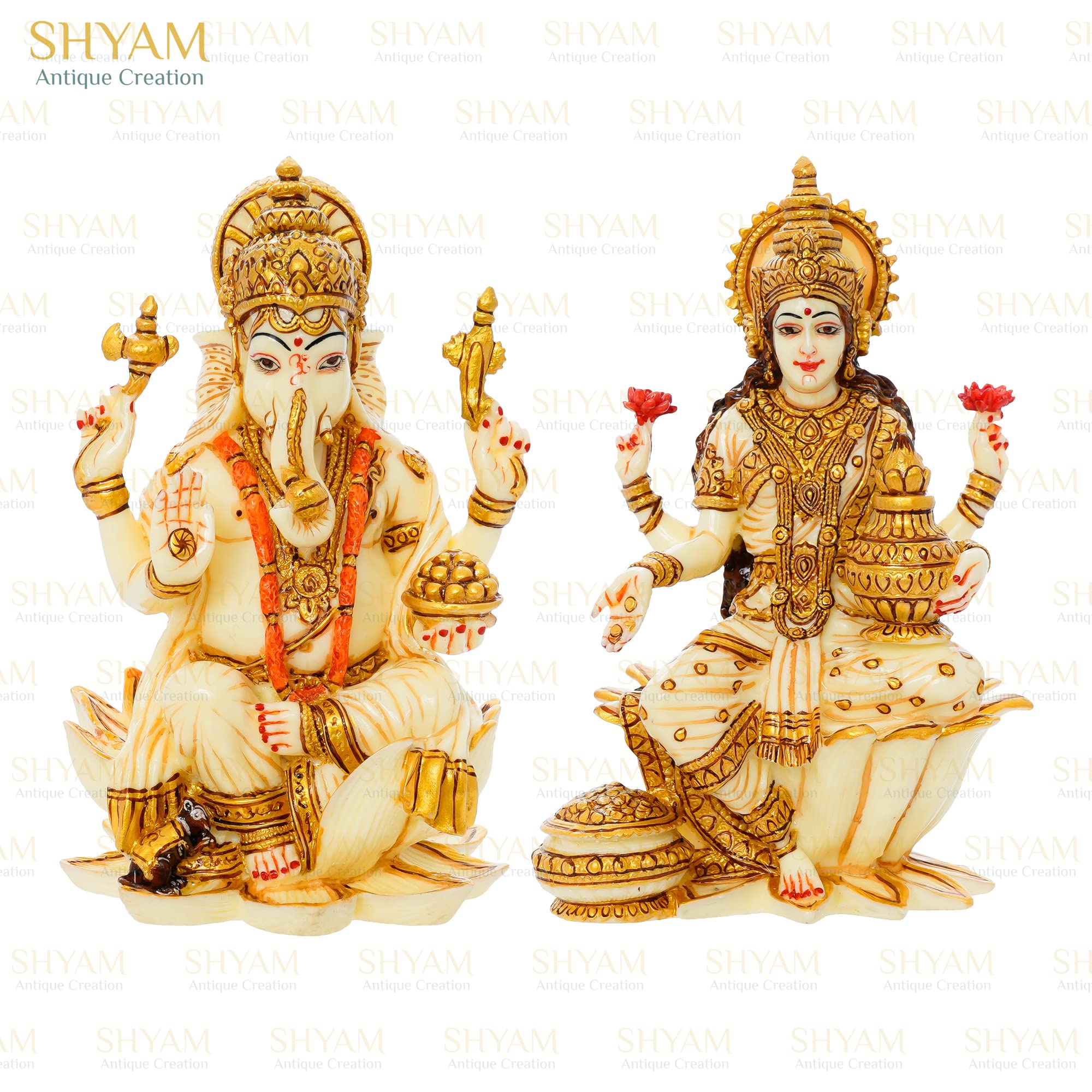 Shyam Antique Creation Goddess Lakshmi Ganesh Statue - Hand Painted Cultured Marble Pair Of Ganesha Idol Sculpture For Diwali Po