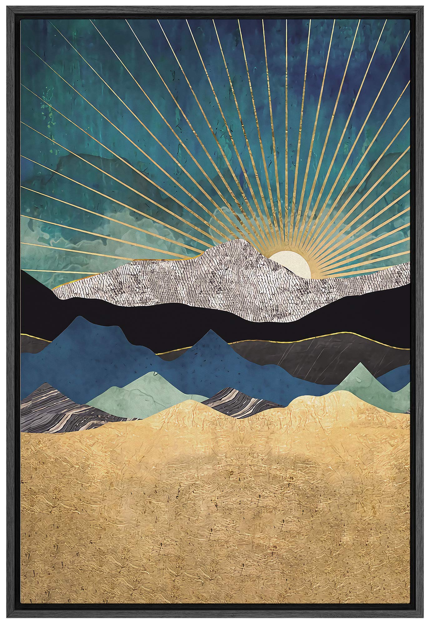 Signford Framed Canvas Print Wall Art Sun Peeks Over Granite Mountain Range Abstract Wilderness Illustrations Modern Art Contemp