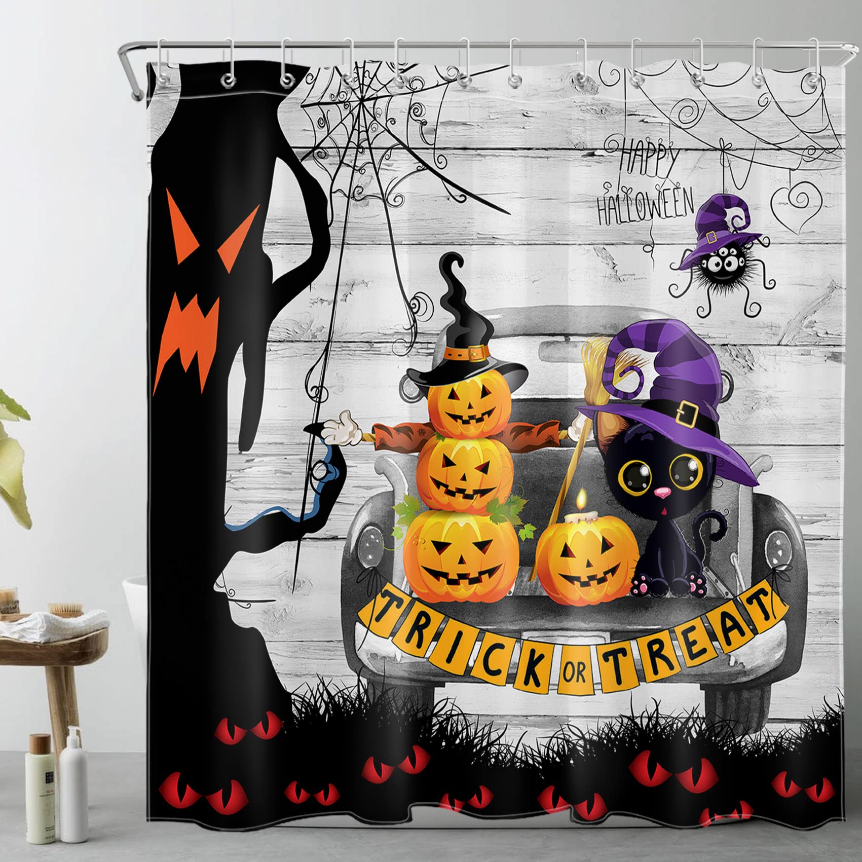 Eobtain Halloween Shower Curtain Set Horror Pumpkin Lanterns Spider Web Scary Ghost Tree Shower Curtain Farmhouse Vintage Truck