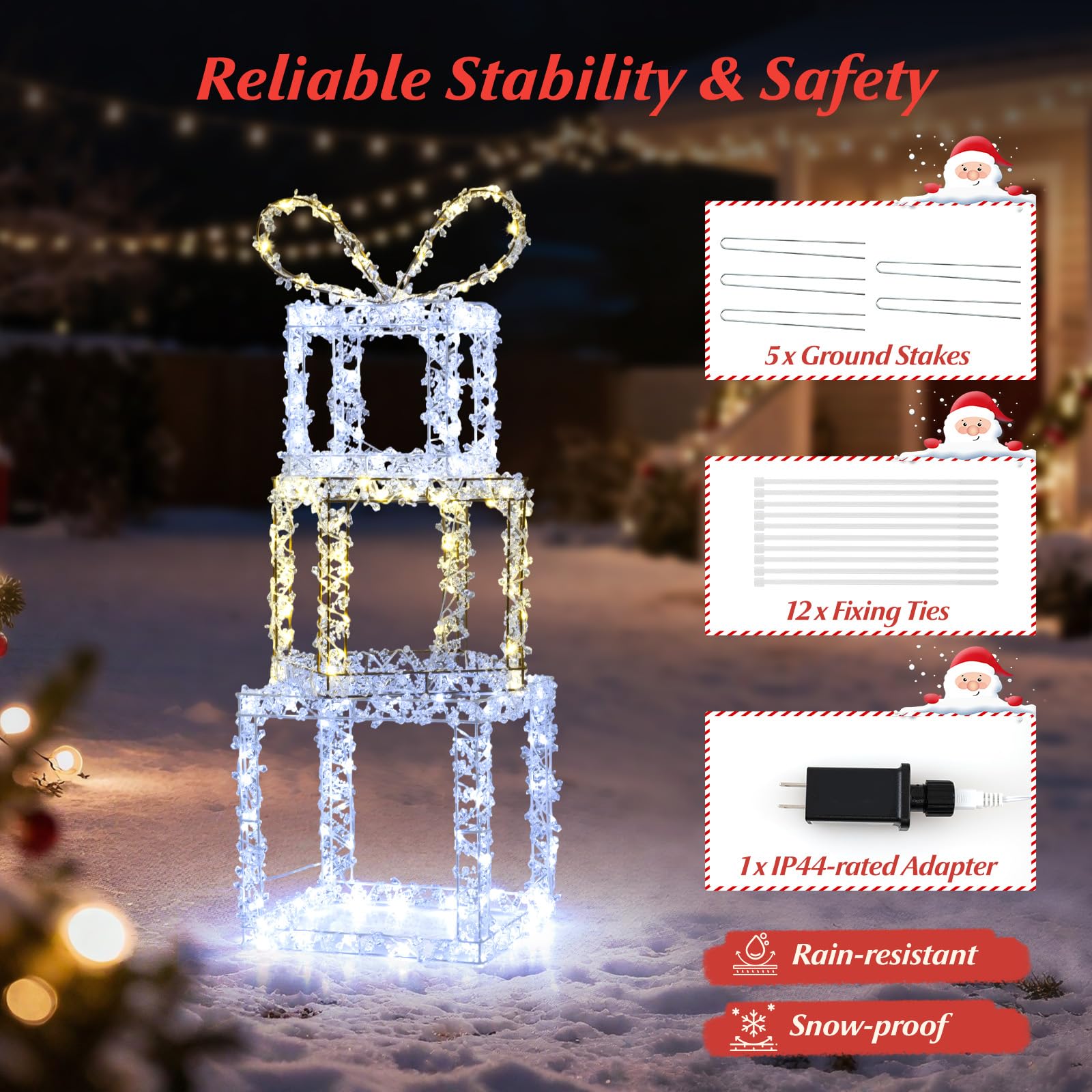 Tangkula 4 FT Lighted Stacked Gift Boxes, Light up Box Tower Christmas Decorations with Built-in LED Lights & Decorative Bows, I