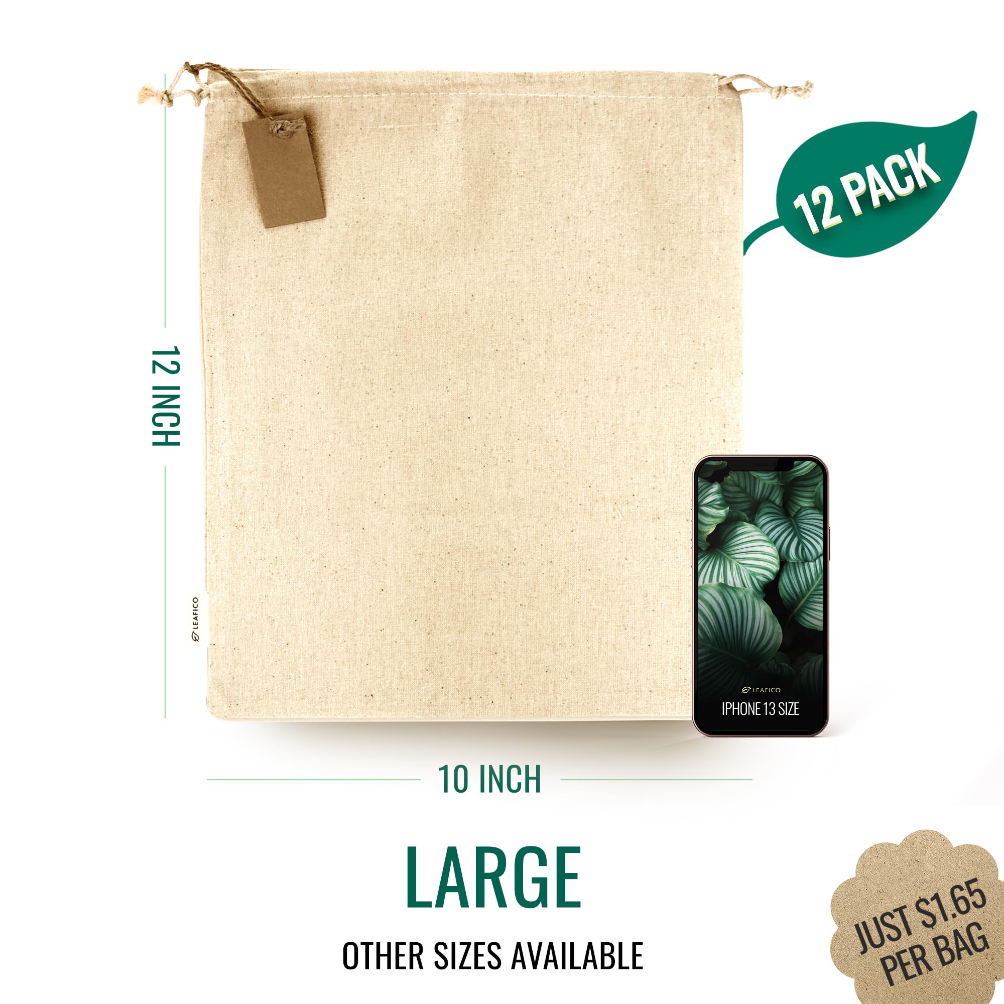Leafico Cotton Produce Bags - Large 10X12 Inch - 12 Pcs Multipurpose Eco Cloth Bags - Muslin Bags With Drawstring - Canvas Bags