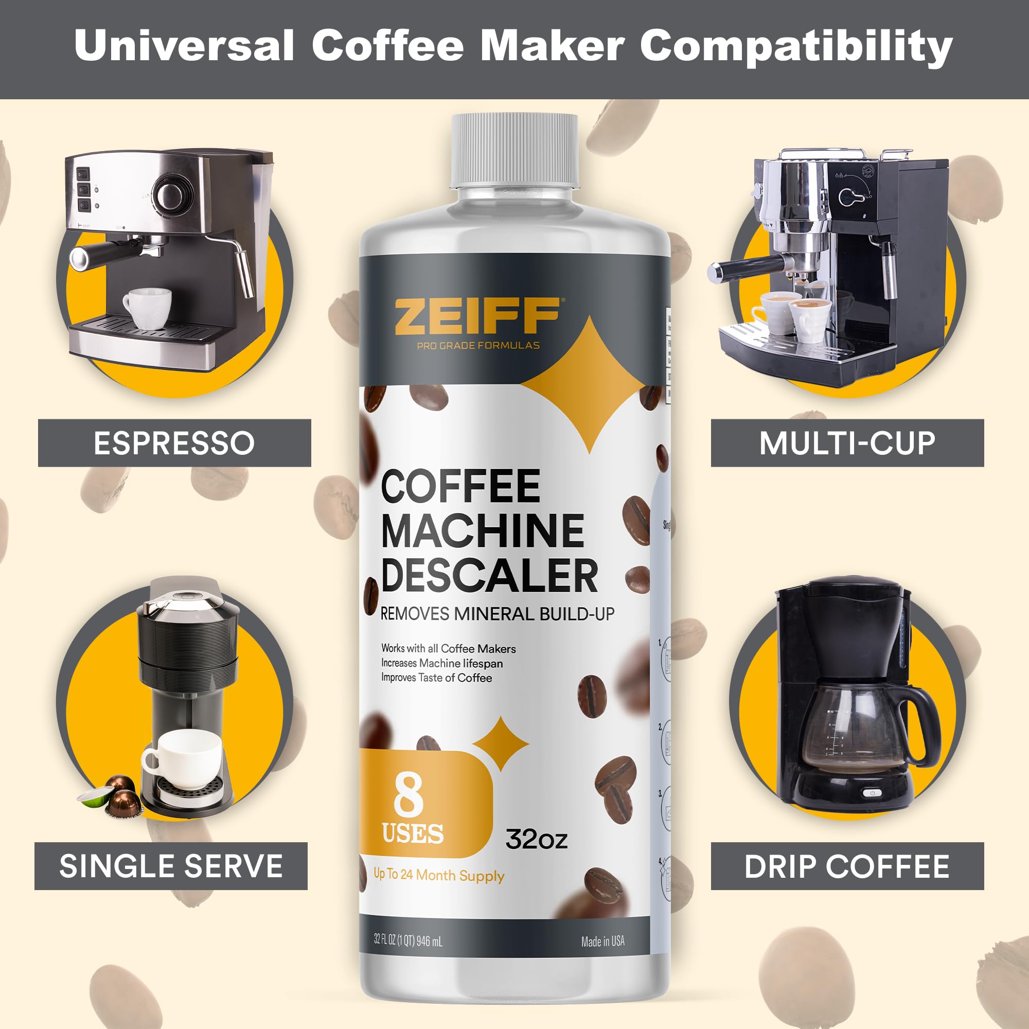 Zeiff Coffee Machine Descaler - 32Oz (8 Uses) - Compatible With Nespresso, Breville, Delonghi, Keurig Descaling Solution For Cof