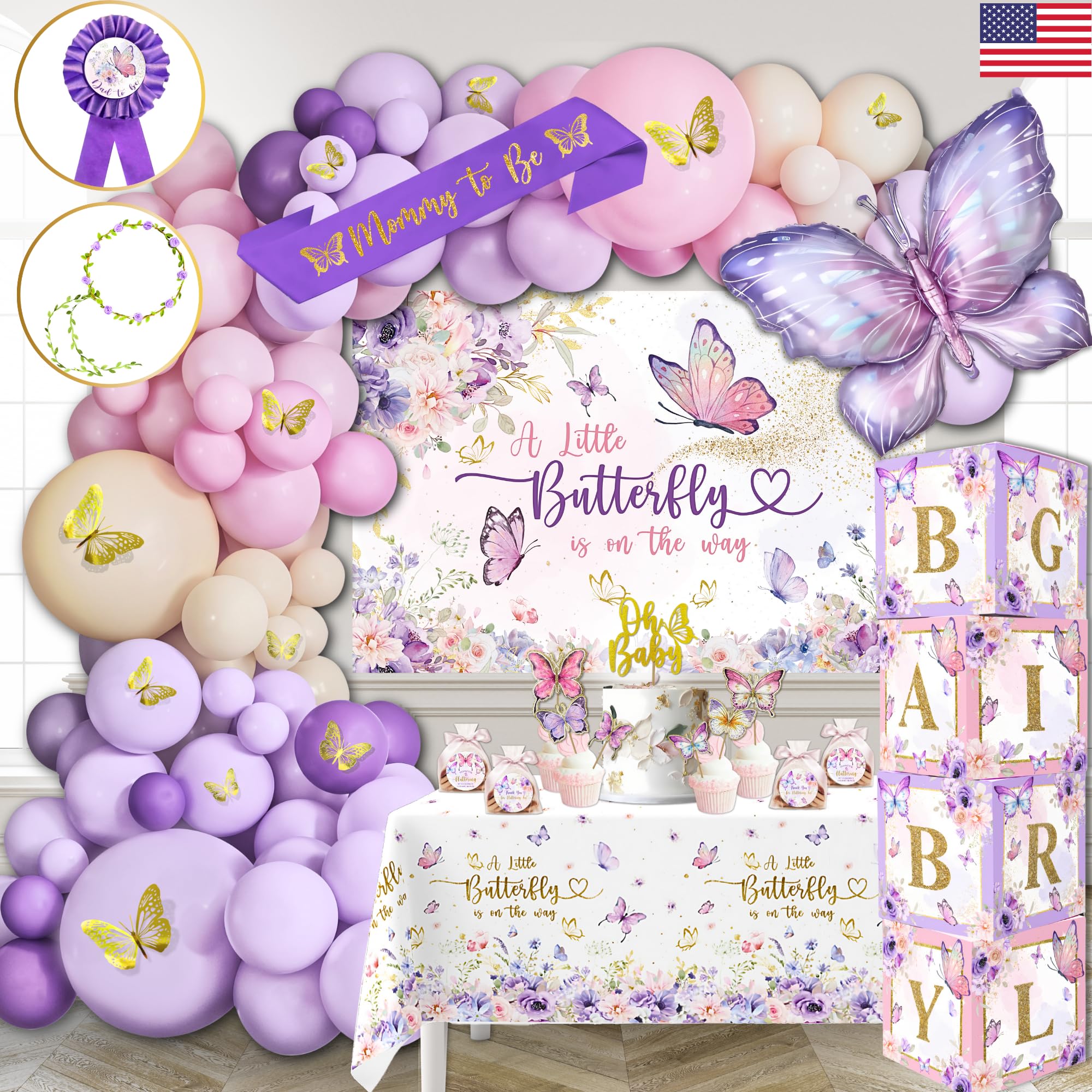 195 Pc Butterfly Baby Shower Decorations For Girl With Pink And Purple Butterfly Balloon Arch Kit, Baby Girl Boxes, Backdrop, Ta