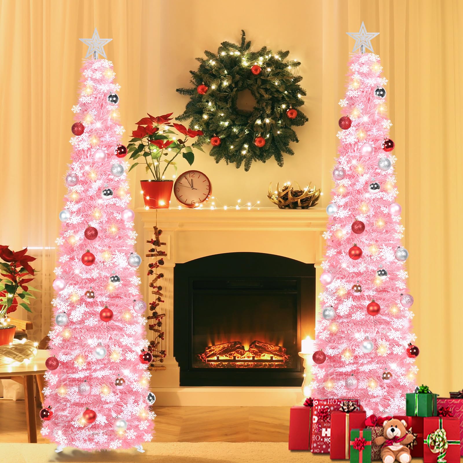 SINTENILL 5 FT Pop Up Christmas Tree with Timer Lights and Decorations, Pink Tinsel Artificial Christmas Tree with 24 Balls Orna