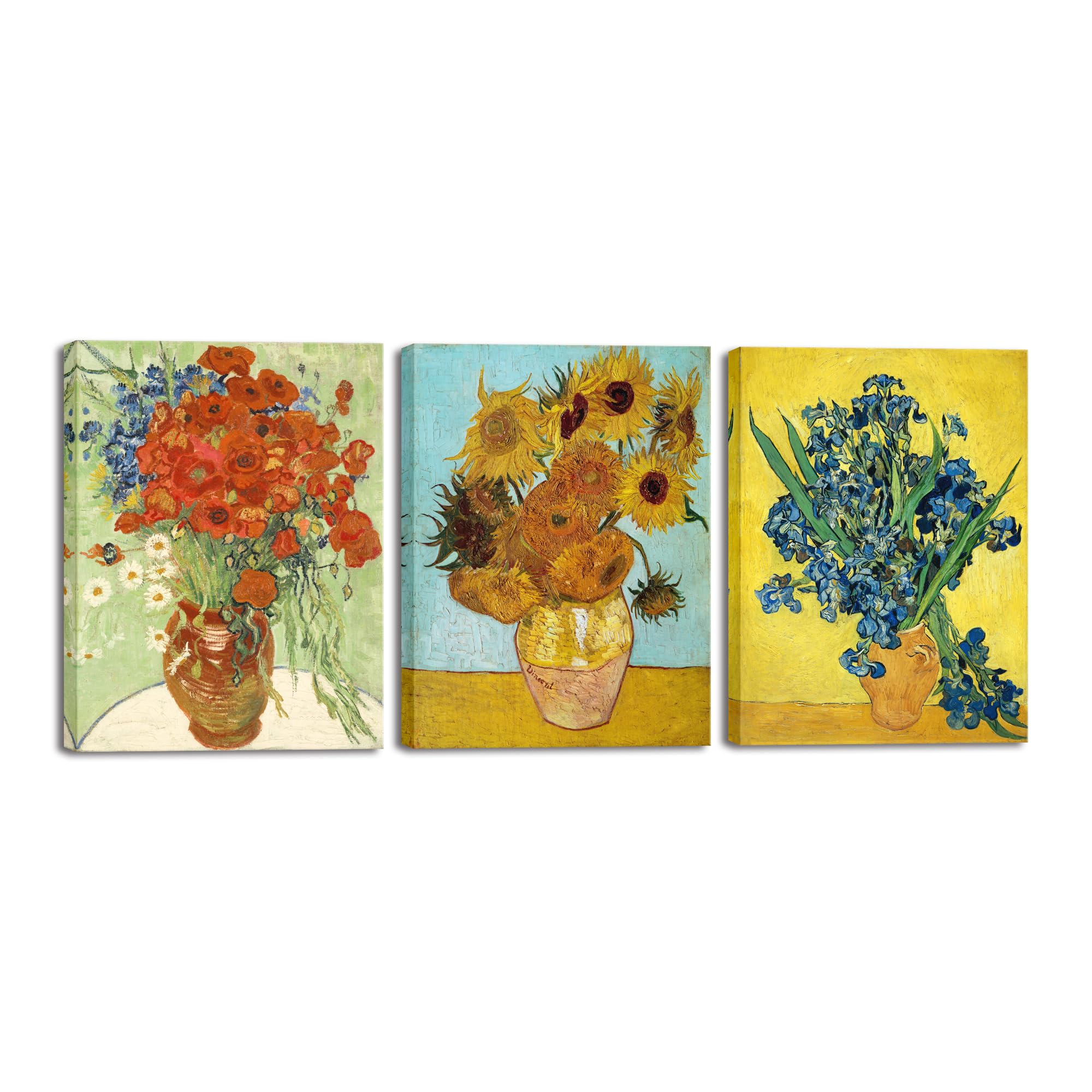 Wieco Art 3 Panels Canvas Prints Of Vincent Van Gogh Paintings Reproduction Red Poppies And Daisies Sunflower Irises In Vase Can
