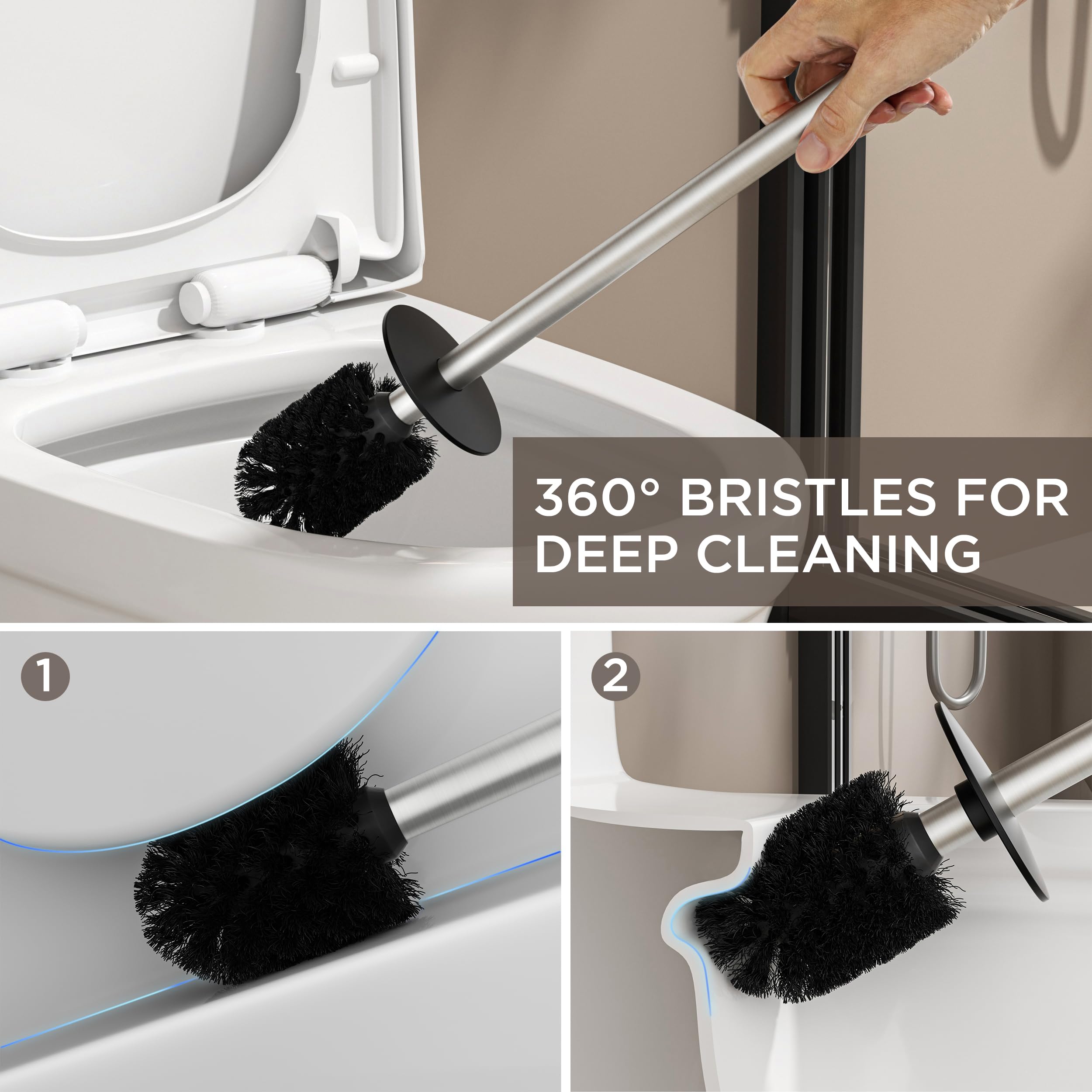 Forious Toilet Brush And Holder Set, 304 Stainless Steel Heavy Duty Base And Handle For Bathroom Deep Cleaning, Toilet Bowl Clea