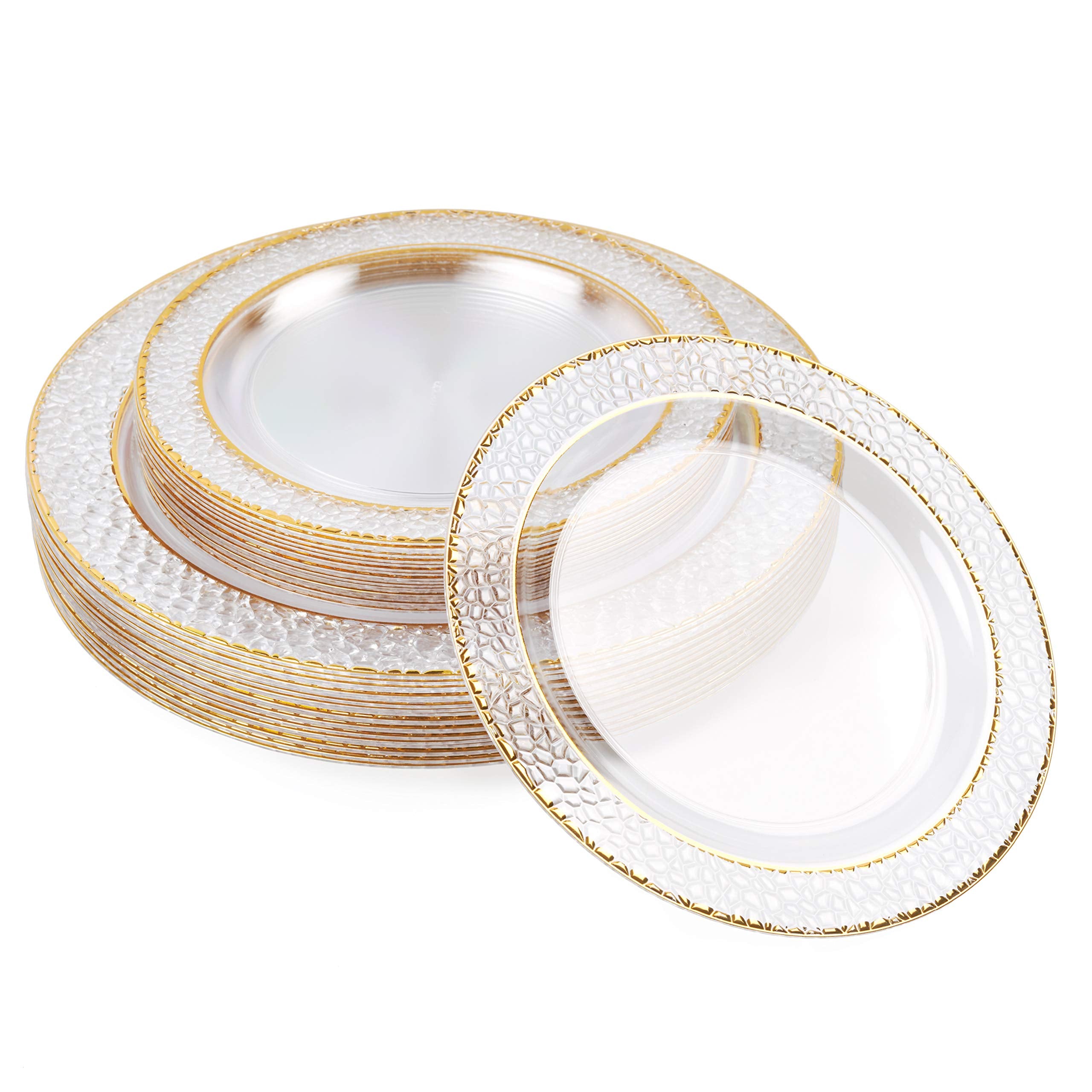 Matana 40 Clear Plastic Party Plates With Hammered Gold Rim - 20 Dinner Plates 10.25 Inch + 20 Salad Dessert Appetizer Plates 7.
