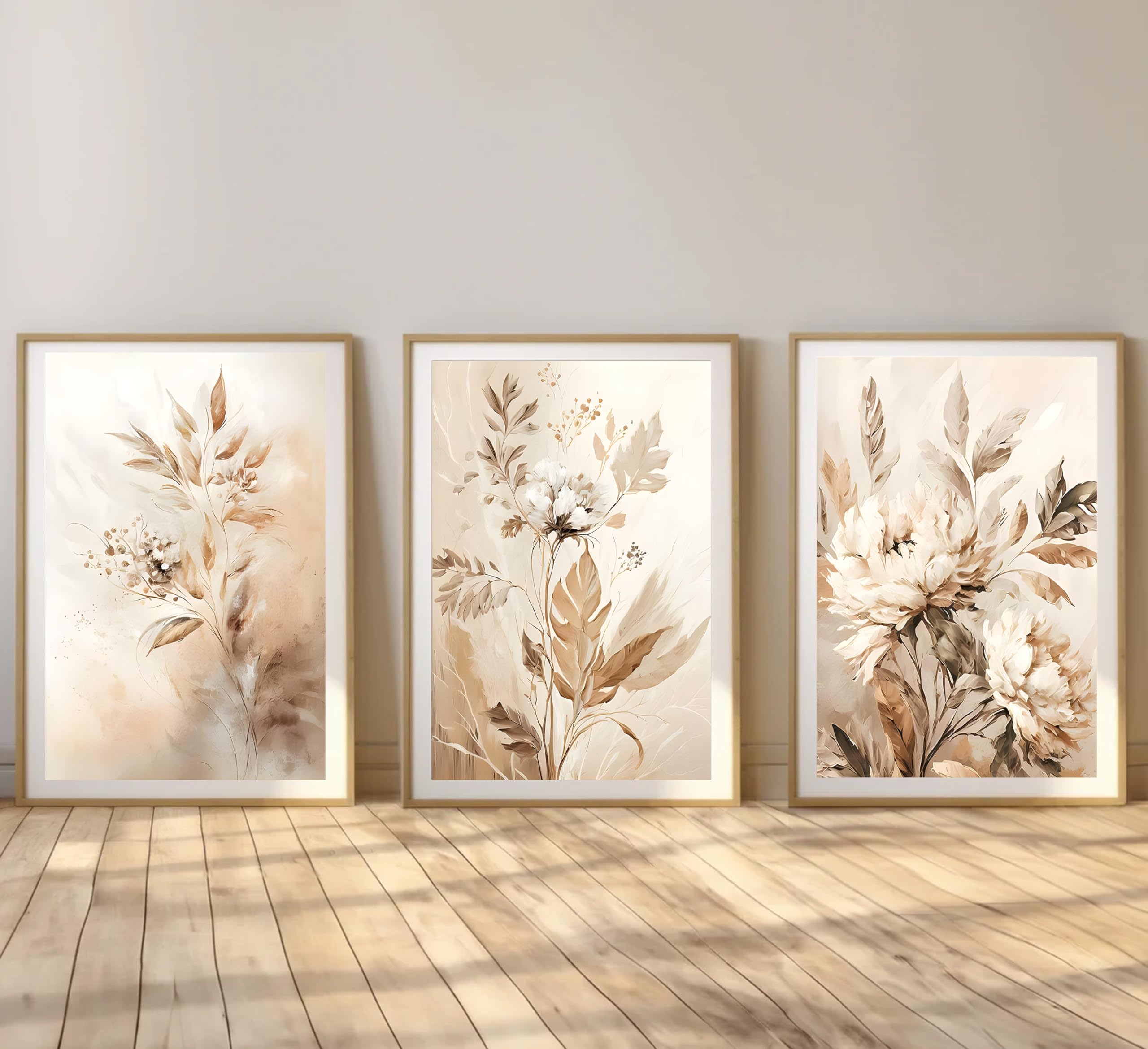 3 Pcs Beige Neutral Flower Canvas Wall Art Wildflowers Floral Botanical Painting Picture Wall Decor Poster Print Artwork For Bed