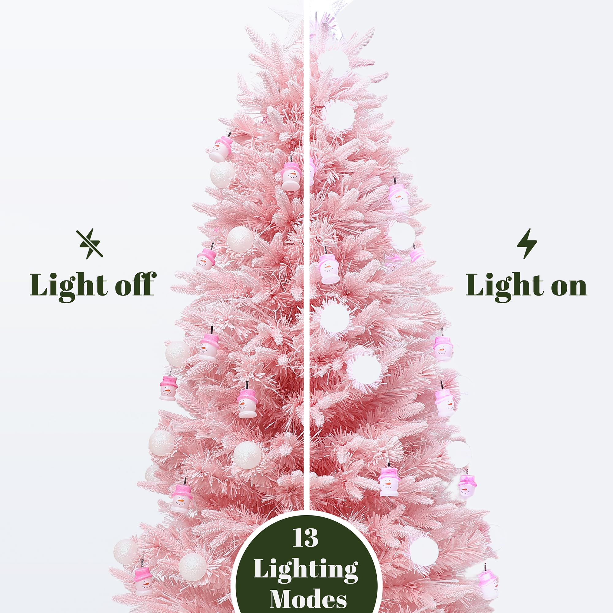 LuxenHome 5FT Pink Christmas Tree with Lights, Plug-in Prelit Christmas Tree with 13 Light Modes Globe Lights and Snowman LED Or