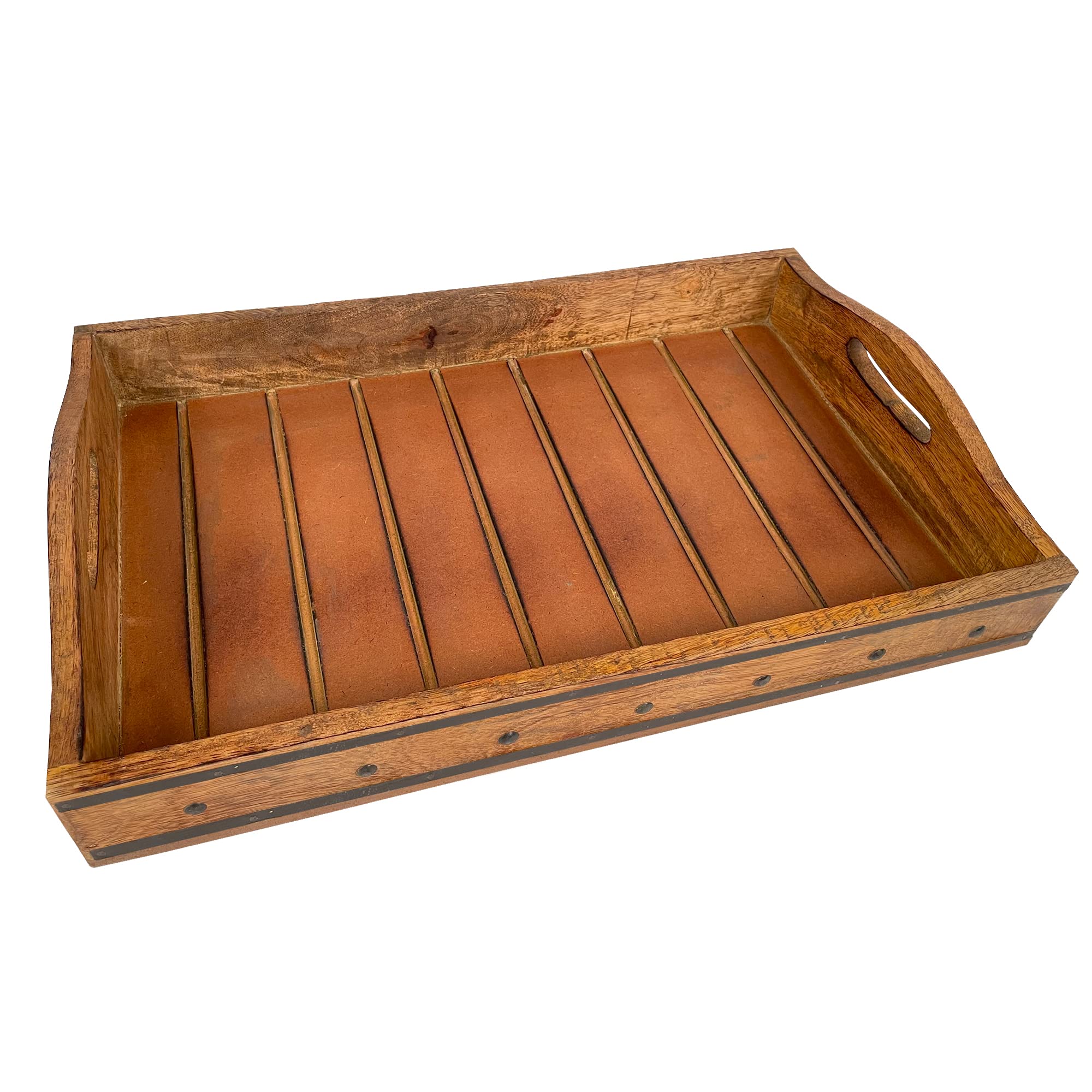 Rectangular Farmhouse Wooden Tray with Rivets Accent and Metal Trim