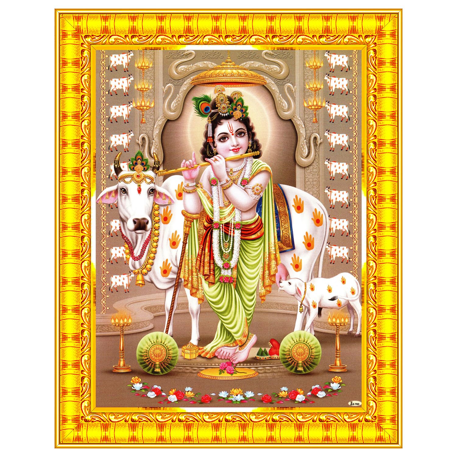 Pavan Photo Laminations Bal Gopal Shri Krishna Bala Lord Kanha Ji Ki Wall Painting Framed Home Decor (Wood,Matte,Gold,Big Size,1