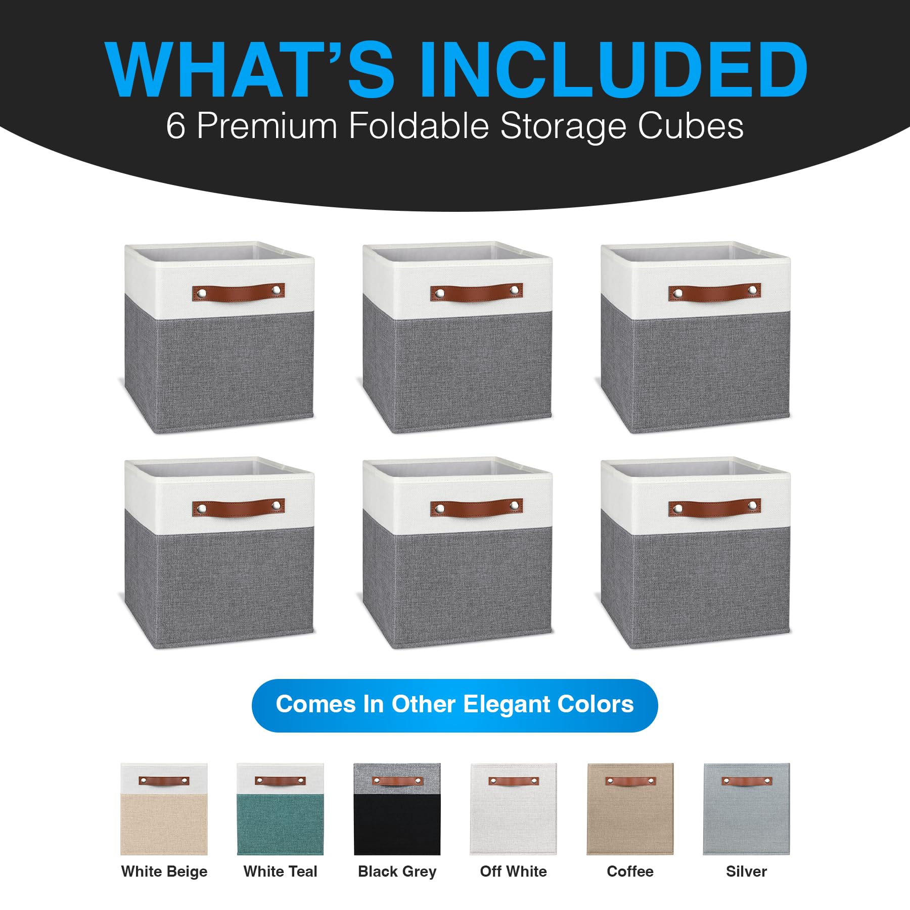 Pomatree 11 Inch Cube Storage Bin - 6 Pack - Linen Fabric Cubby Storage Bins For Bedroom, Living Room, Clothes And Toys, Shelves