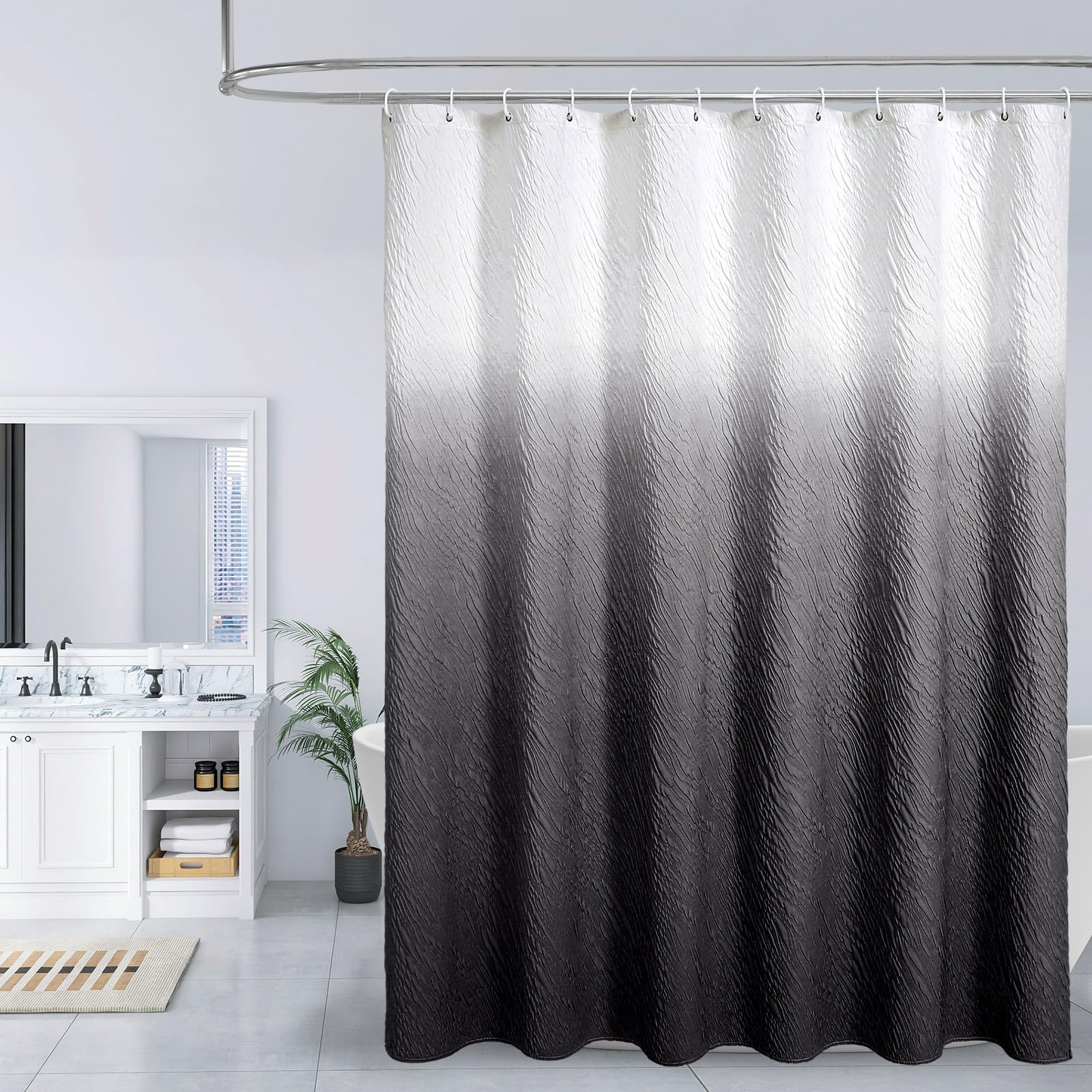 Mitovilla Black Ombre Shower Curtain Set With Hooks, Waves Textured Fabric Shower Curtains For Modern Luxury Bathroom Decor, 3D