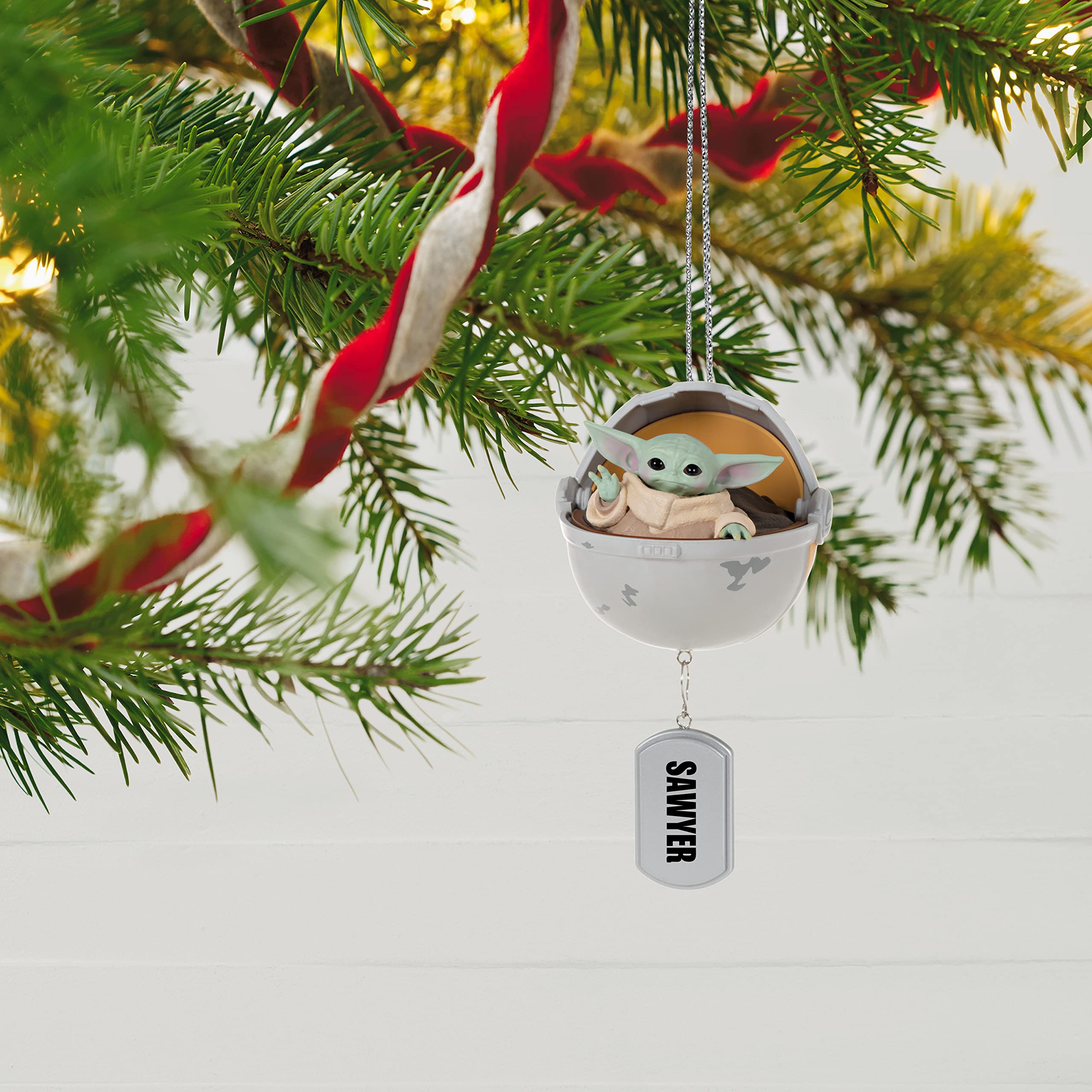 Hallmark Keepsake Personalized Christmas Ornament 2023, Star Wars: The Mandalorian Grogu in Hovering Pram, Gift for Star Wars Fa