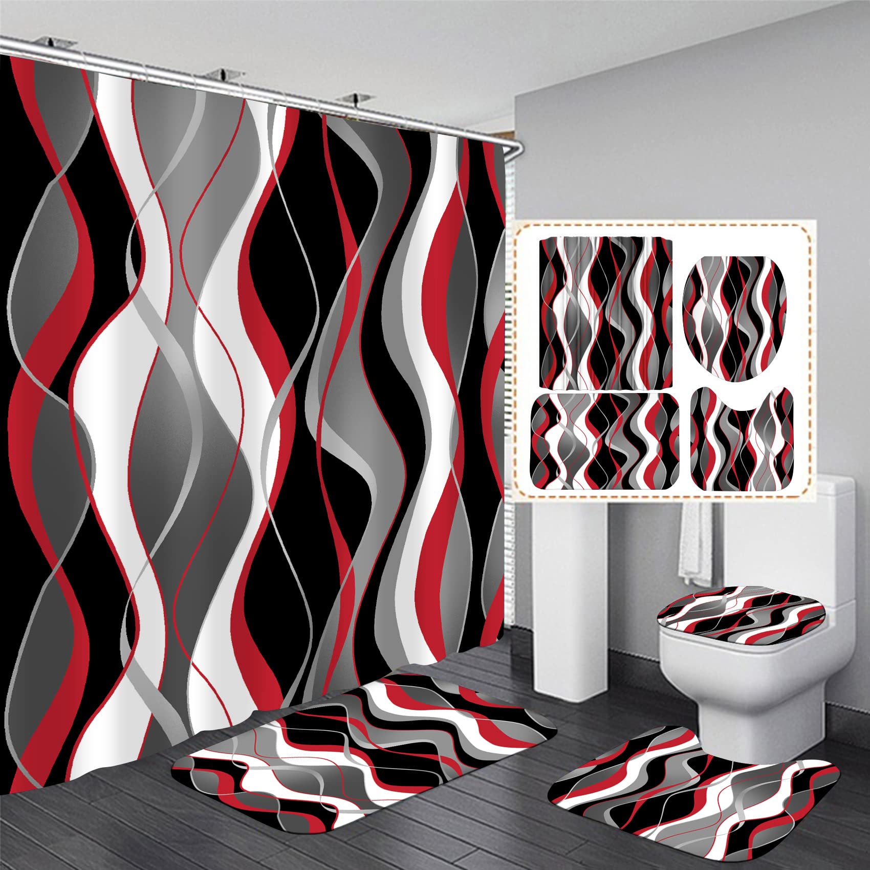 Nkzply 4 Pcs Red And Black Striped Shower Curtain Set Grey And White Bathroom Sets With Shower Curtain And Rugs Red Modern Home