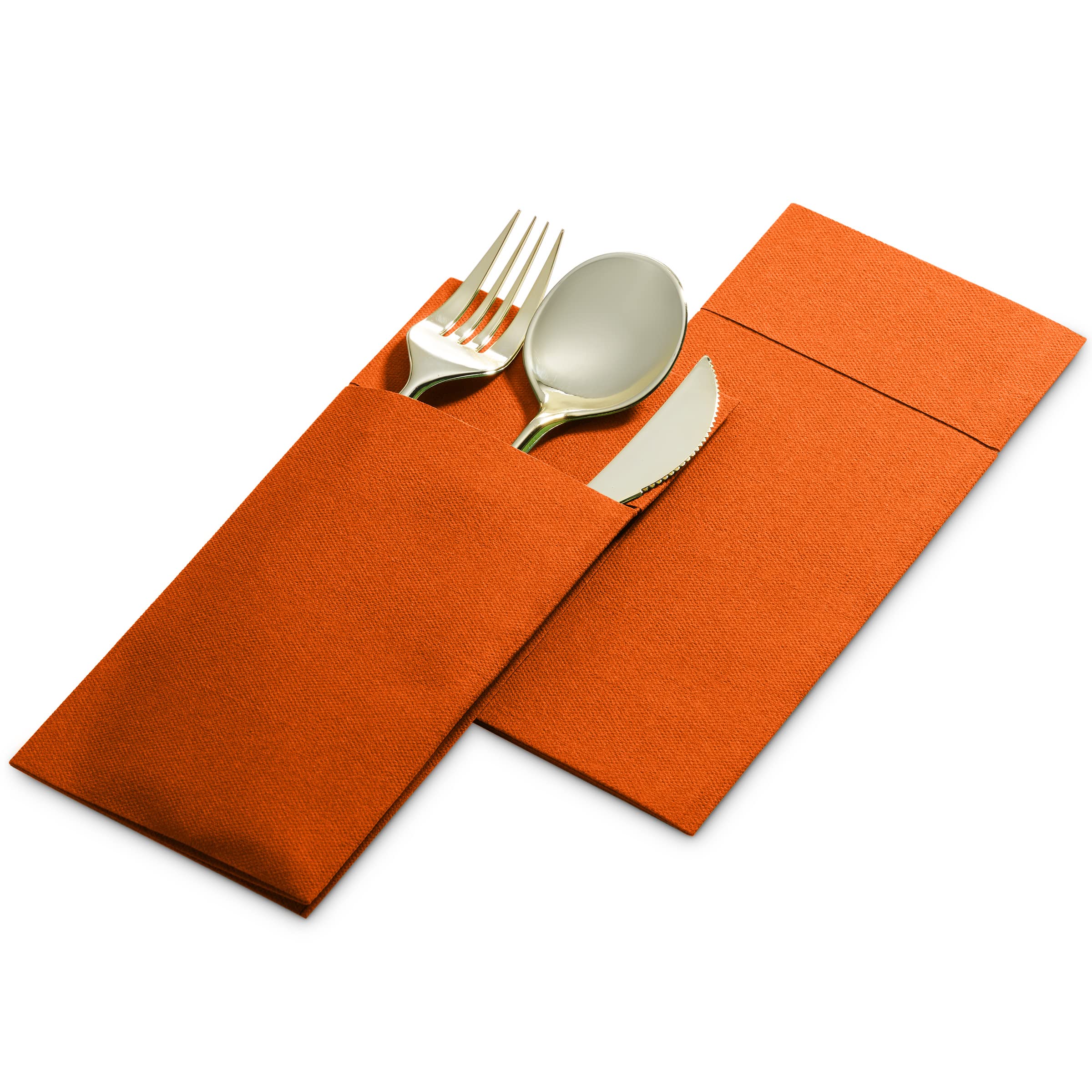 Disposable Linen-Feel Dinner Napkins with Built-in Flatware Pocket  50-Pack ORANGE Prefolded Cloth Like Paper Napkins For Dinner  Wedding Or Party [Silverware NOT Included]