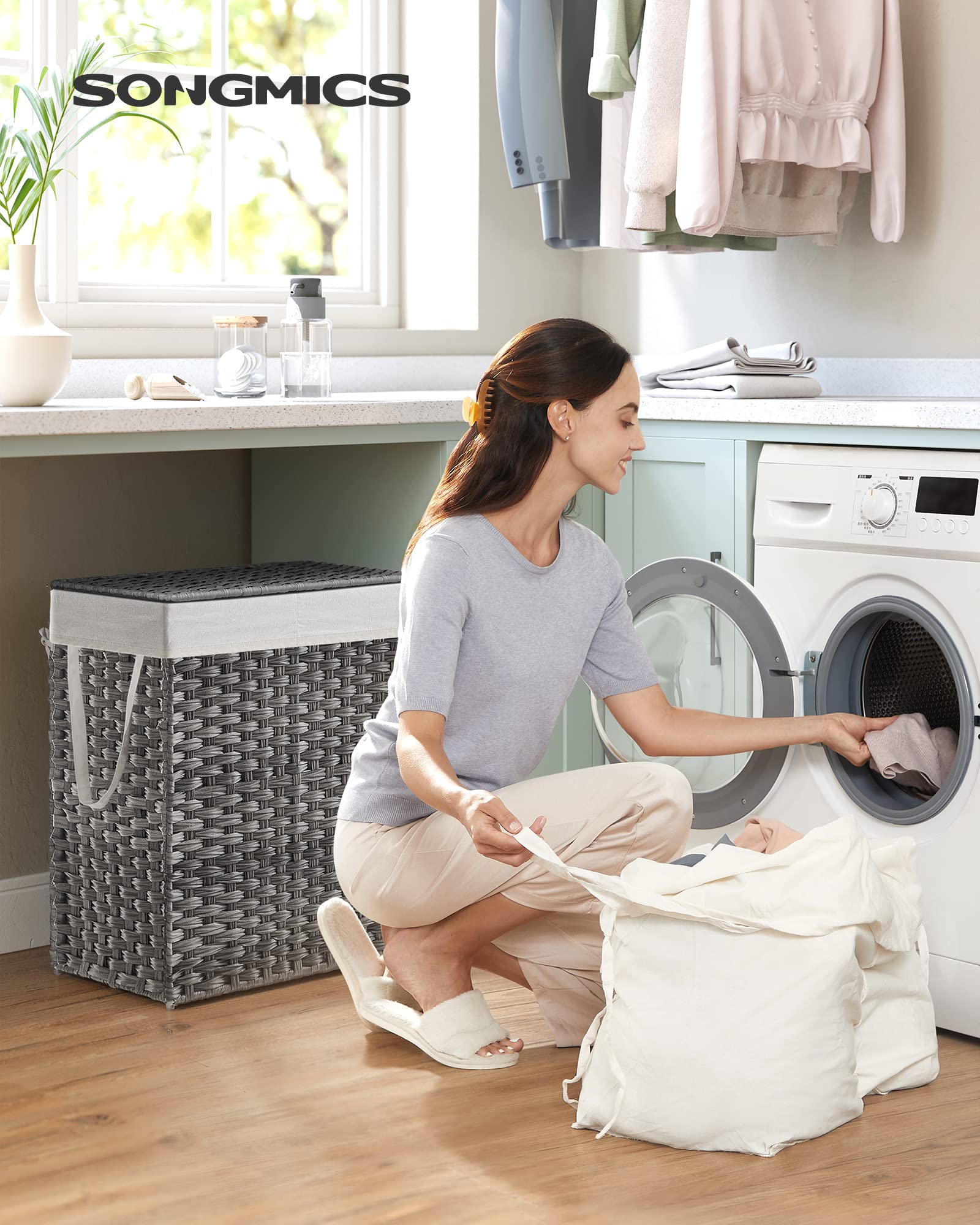 Songmics Laundry Hamper With Lid, 90L Clothes Hamper With 2 Removable Liner Bags, 6 Mesh Bags, Wicker Laundry Basket, Double Lau