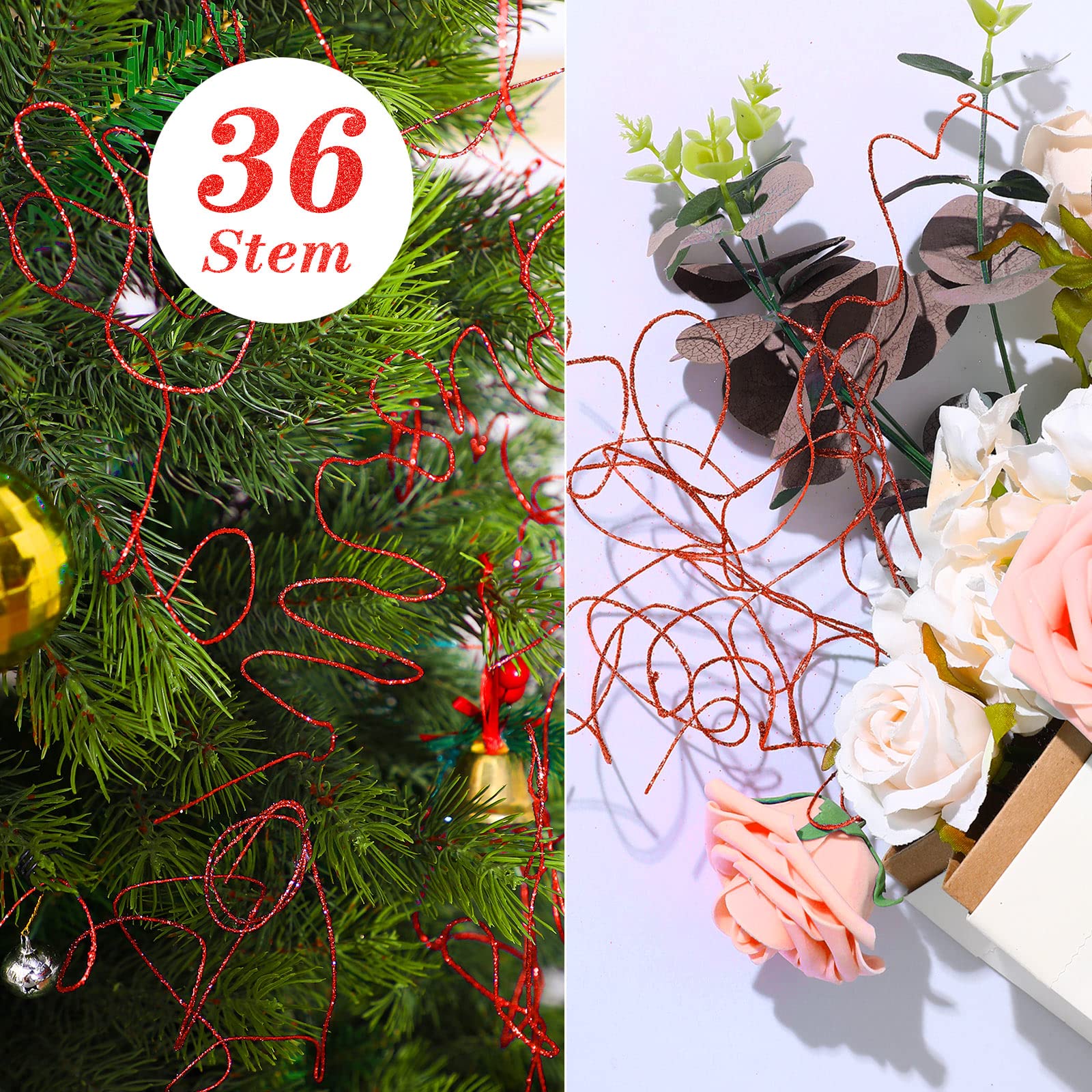 Syhood 36 Pieces Red Glitter Curly Ting Ting Branches Christmas Branches Vase Filler Artificial Curly Twigs for Christmas Tree G