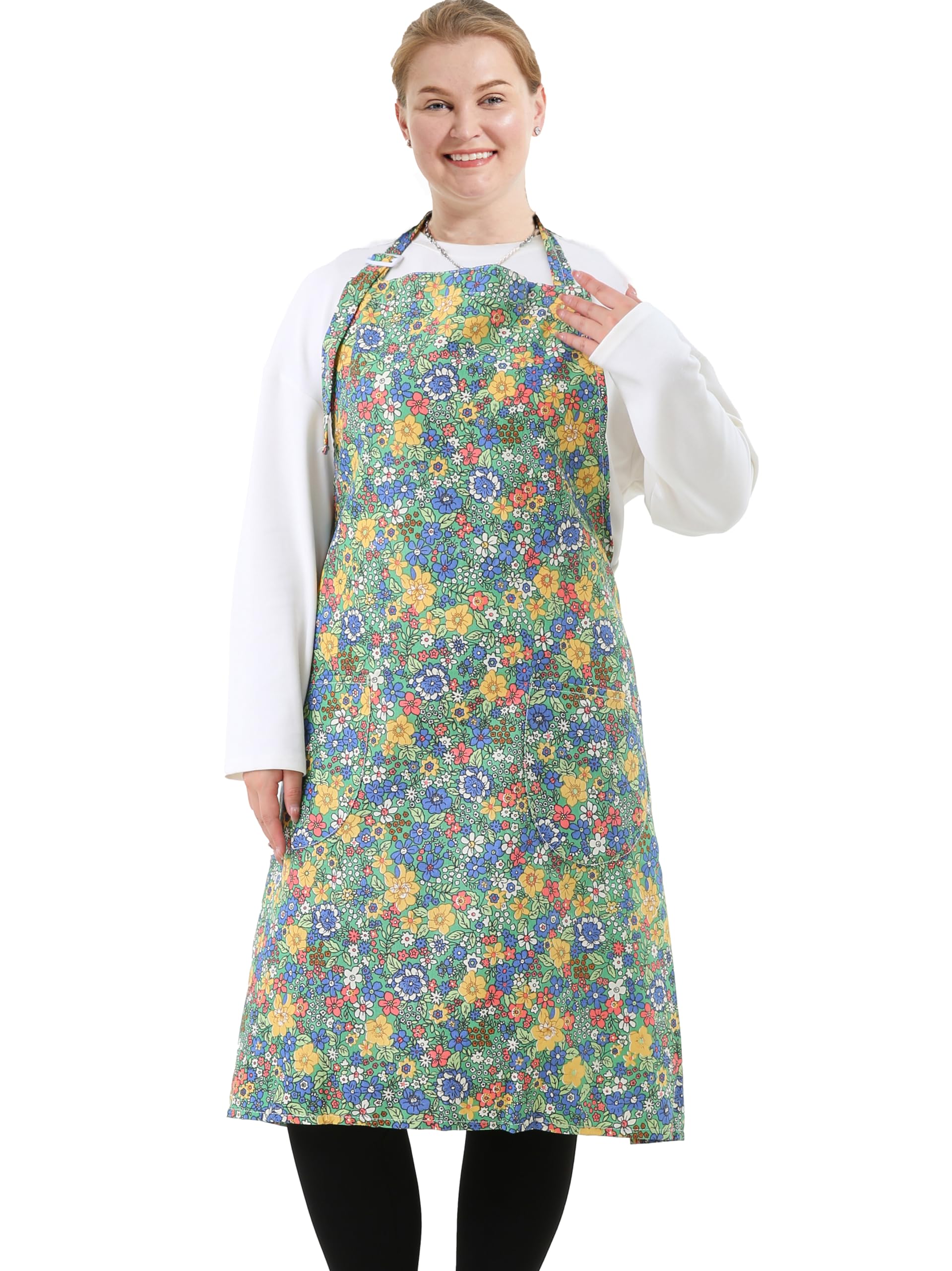 APRONNER Cotton Linen Baking Plus Size Aprons for Women with Pockets Kitchen Cooking Colorful Floral