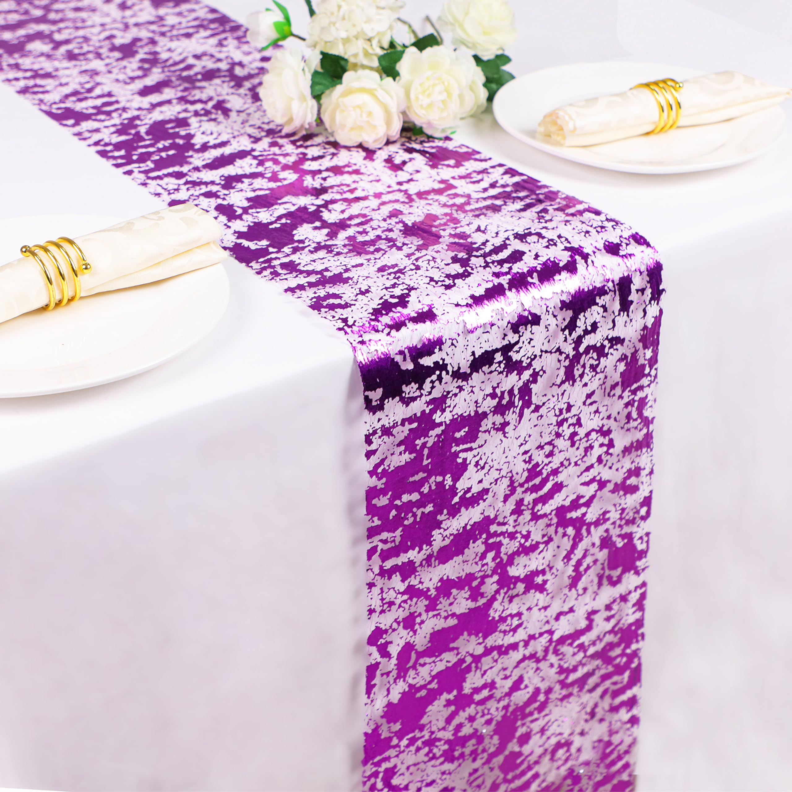 Snowkingdom 2 Pieces Purple Table Runner, Sequin Glitter Foil Metallic Purple Thin Mesh Table Runner Roll 11''X108'' Purple Tabl