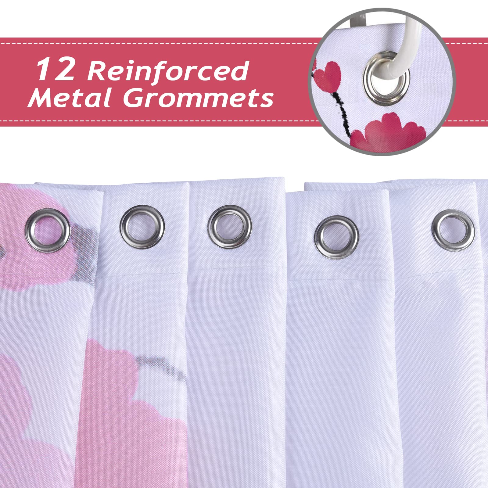 Bonhause Cherry Blossom Shower Curtain Red Plum Floral Japanese Decorative Bath Curtain 72 x 72 Inch Polyester Fabric Waterproof Bathroom Curtain with 12 Hooks