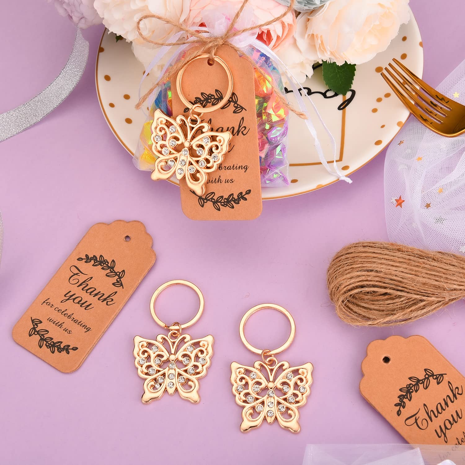 50Pcs Butterfly Keychain/Keyring For Baby Shower,Wedding Or Bridal Shower Party Favors,Gift,Souvenirs To Guests (Golden Butterfl