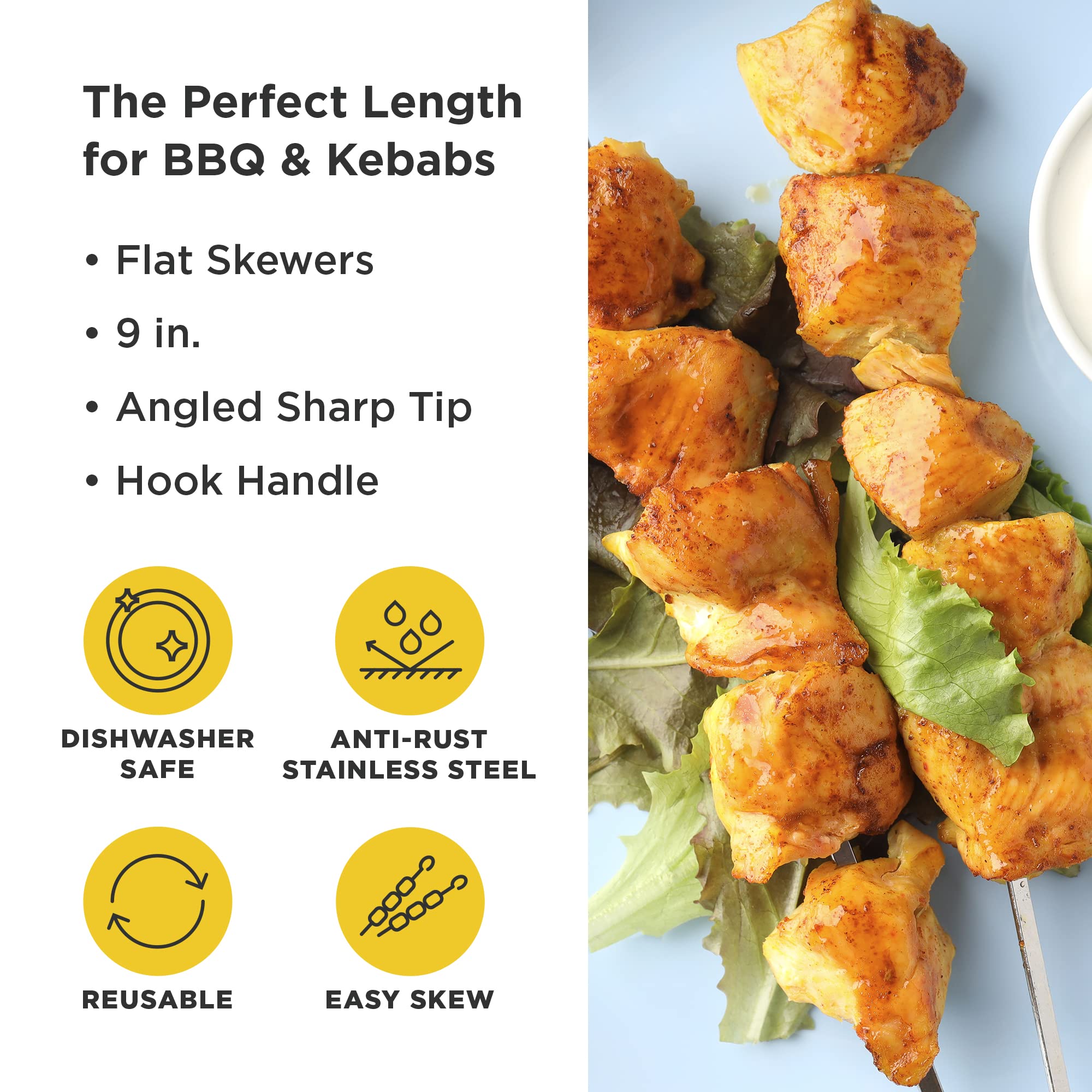 Flat Metal Kabob Skewers For Grilling - 9'' Bbq Skewers Stainless Steel With Storage Bag - Set Of 8 Dishwasher Safe Flat Metal S
